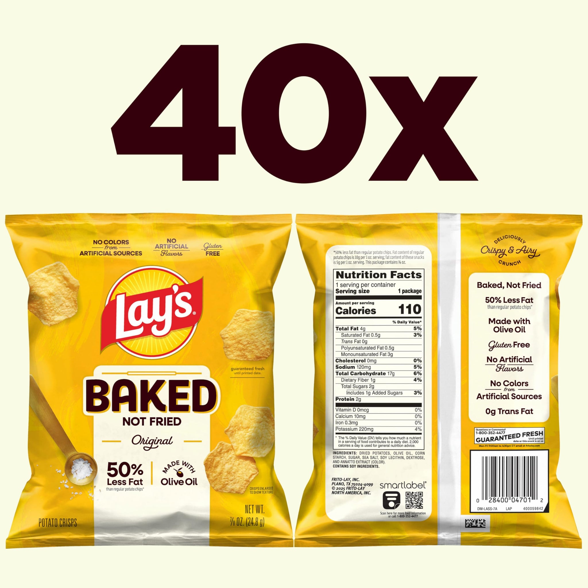 Baked Lay’s Potato Chips, Original, 0.875 oz Bags, (40 Pack), 50% Less Fat, Gluten Free, No Artificial Flavors, No Colors from Artificial Sources
