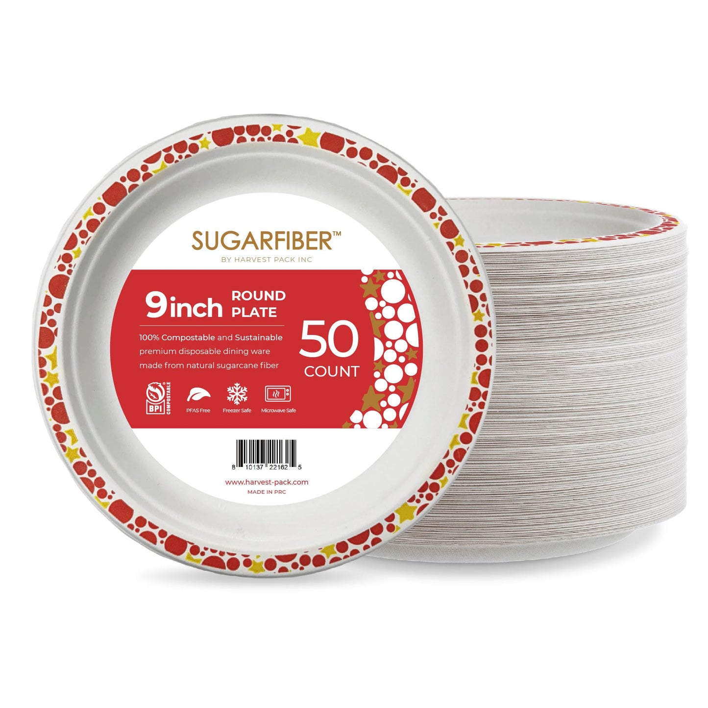 [50 COUNT] Harvest Pack 9" Christmas Paper Plates, Compostable Disposable White Round Dinner Paper Plates with Gold Red Trim, Natural PFAS Free