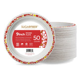 [50 COUNT] Harvest Pack 9" Christmas Paper Plates, Compostable Disposable White Round Dinner Paper Plates with Gold Red Trim, Natural PFAS Free