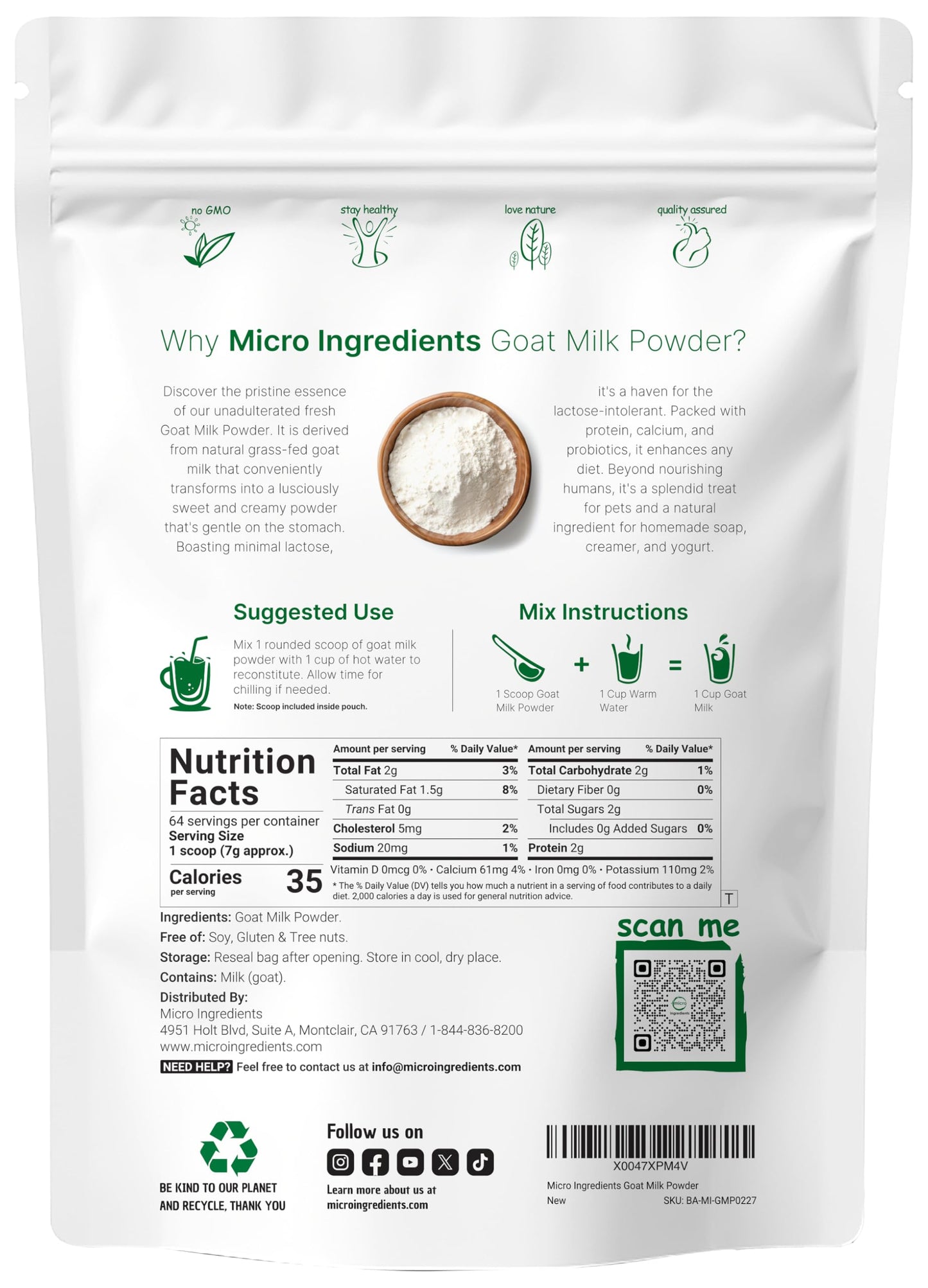 Micro Ingredients Goat Milk Powder, 1 Lb | Grass-Fed Australian Source | Pure, Easily Digested Formula | High in Protein, Calcium & Probiotics | Non-GMO, Gluten-Free, Pet Friendly