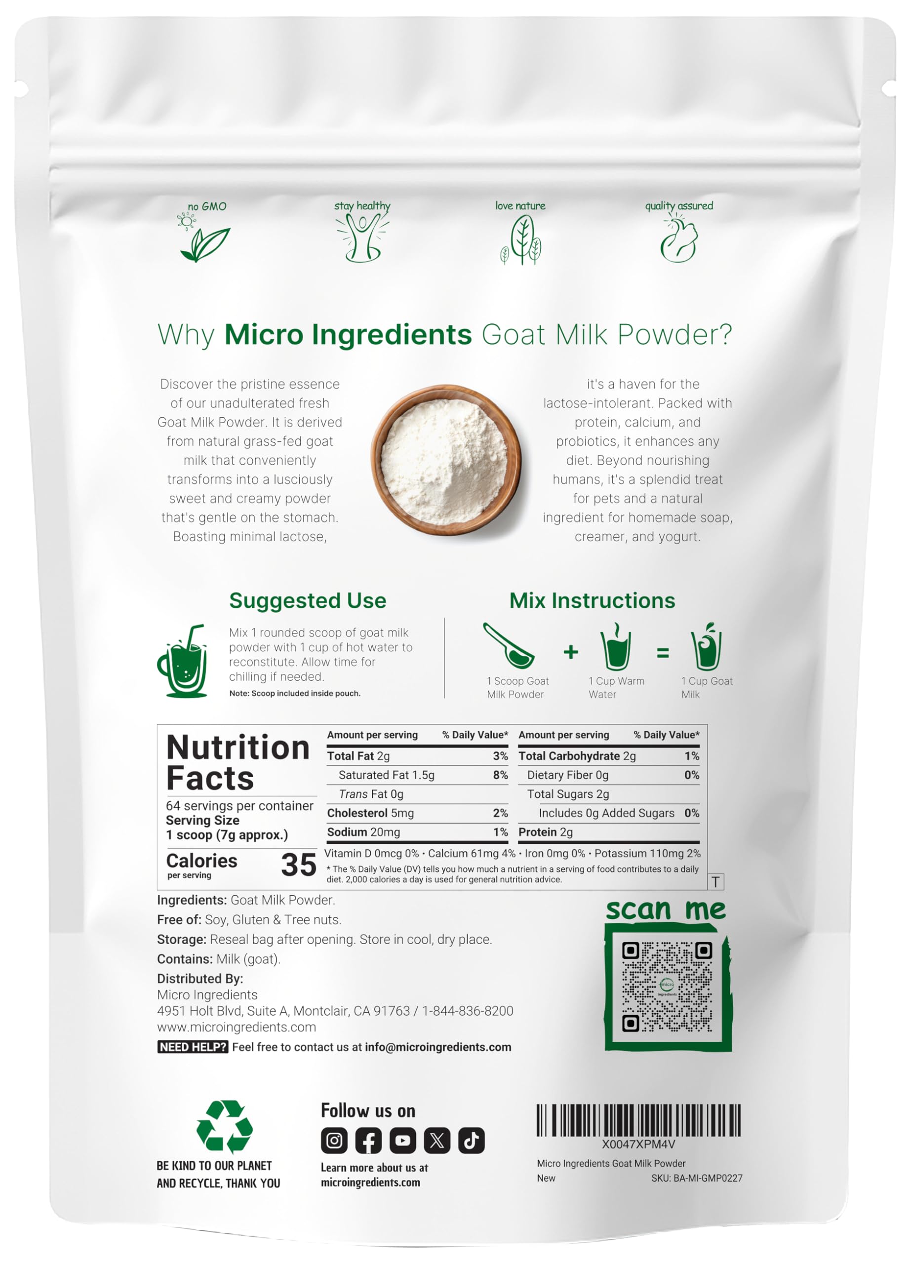 Micro Ingredients Goat Milk Powder, 1 Lb | Grass-Fed Australian Source | Pure, Easily Digested Formula | High in Protein, Calcium & Probiotics | Non-GMO, Gluten-Free, Pet Friendly