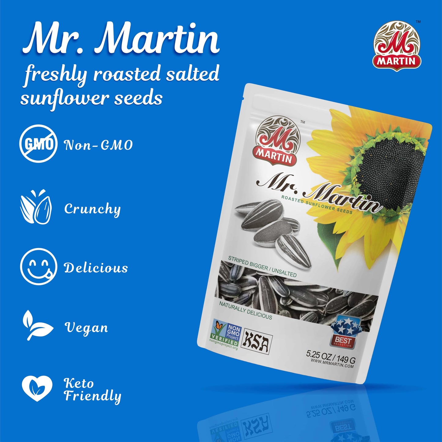 MR. MARTIN Freshly Roasted Unsalted Sunflower Seeds To Eat - Non-GMO, Kosher, Crunchy, Delicious, Vegan, Keto Friendly, Low Sodium Snack - 5.25 Oz, 12