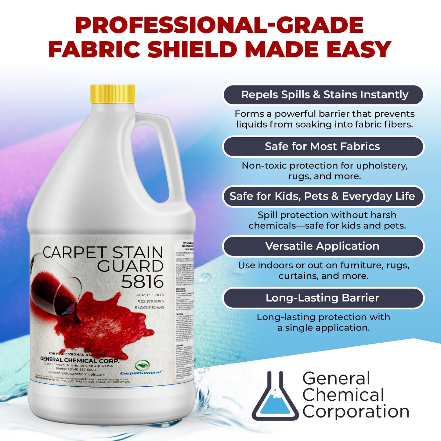 General Chemical Stain Shield Spray - Safe Fabric Protector Spritz and Stain Guard 5816 for Upholstery, Carpets, Rugs, Drapes & More - Impermeable