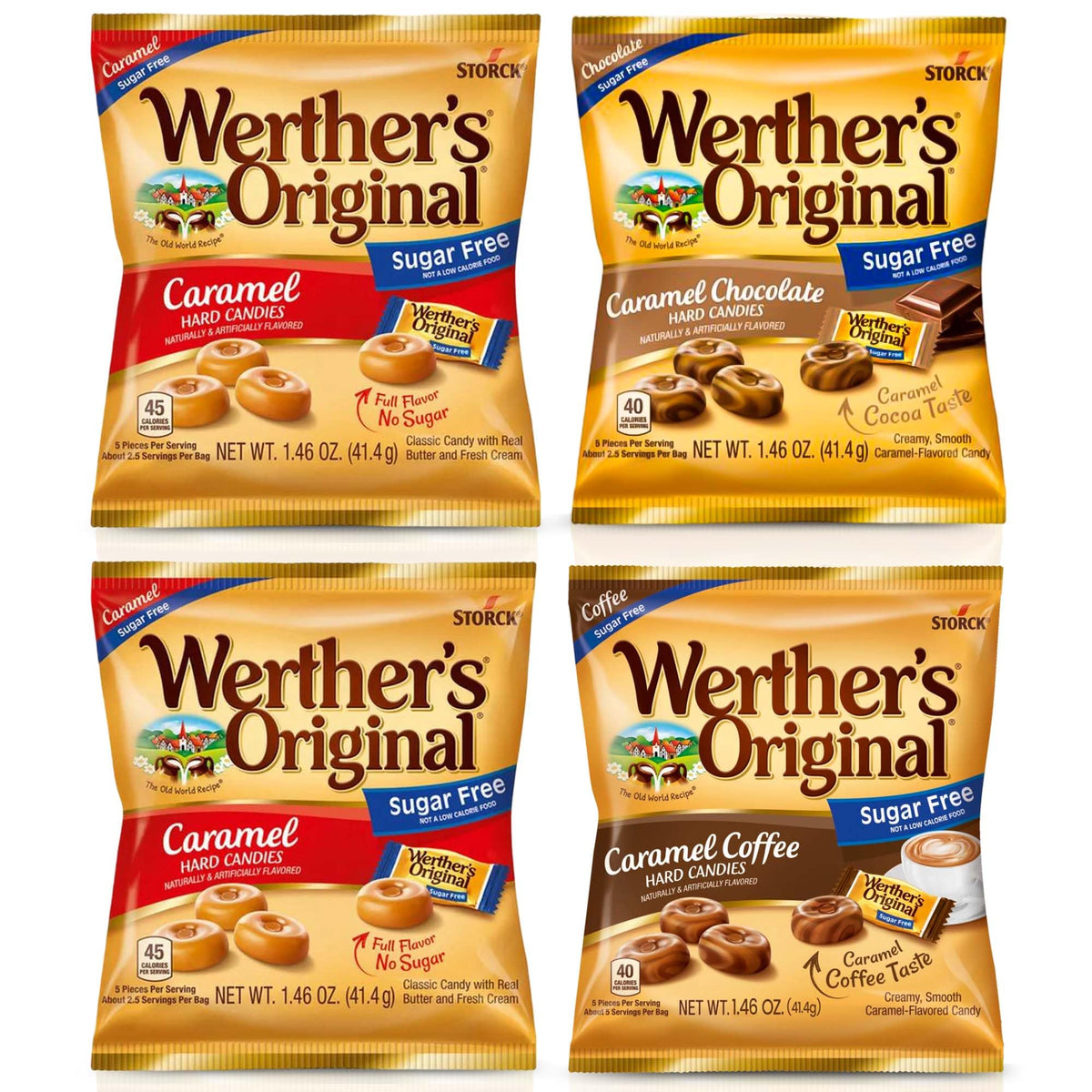 Werthers Original Sugar Free Hard Candy Assortment - Caramel, Chocolate & Coffee Flavors - Pack of 4 (1.46 oz) - Individually Wrapped Zero Sugar
