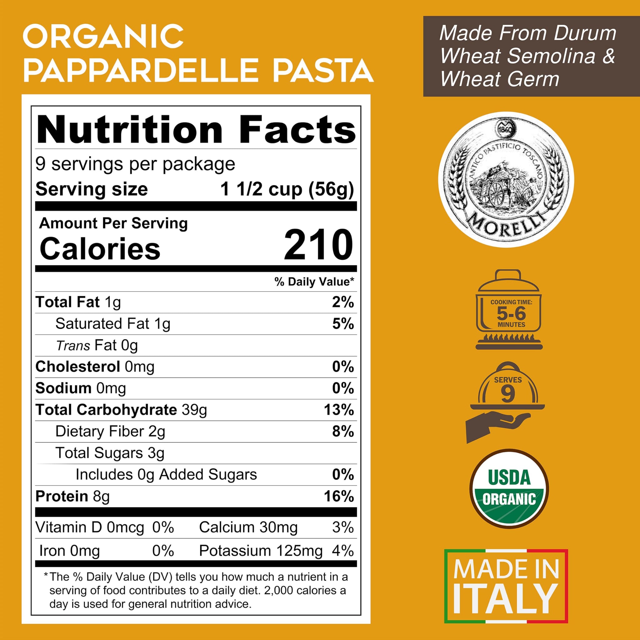 Morelli Organic Pappardelle Pasta Noodles Imported from Italy, Made with Italian Durum Wheat Semolina - 17.6 oz (500 g) - Pack of 2