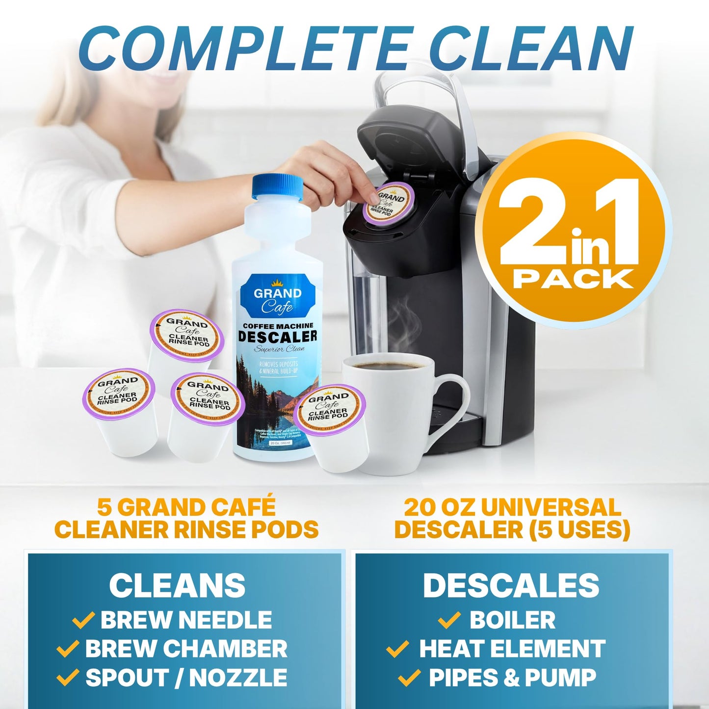Grand Cafe - Keurig Coffee Machine Descaler and Cleaner Kit - 5 Uses per Bottle + 5 Cleaning Rinse Cups - Compatible with Keurig 2.0 & All