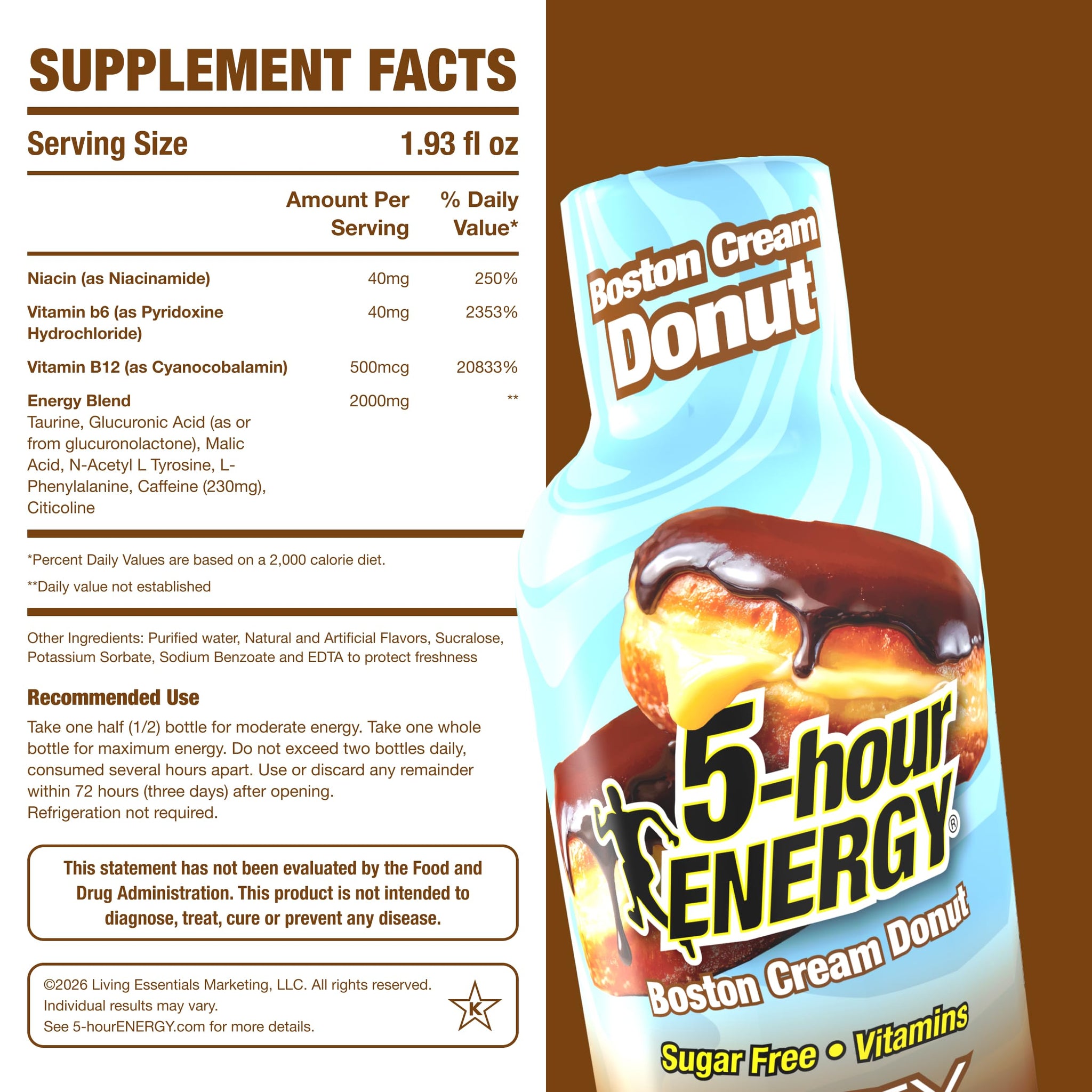 5-hour ENERGY BOSTON CREAM DONUT Flavor, 6 Count, 1.93 Fl Oz Energy Shot, Extra Strength, Amino Acids, B Vitamins, Sugar Free and Zero Calories