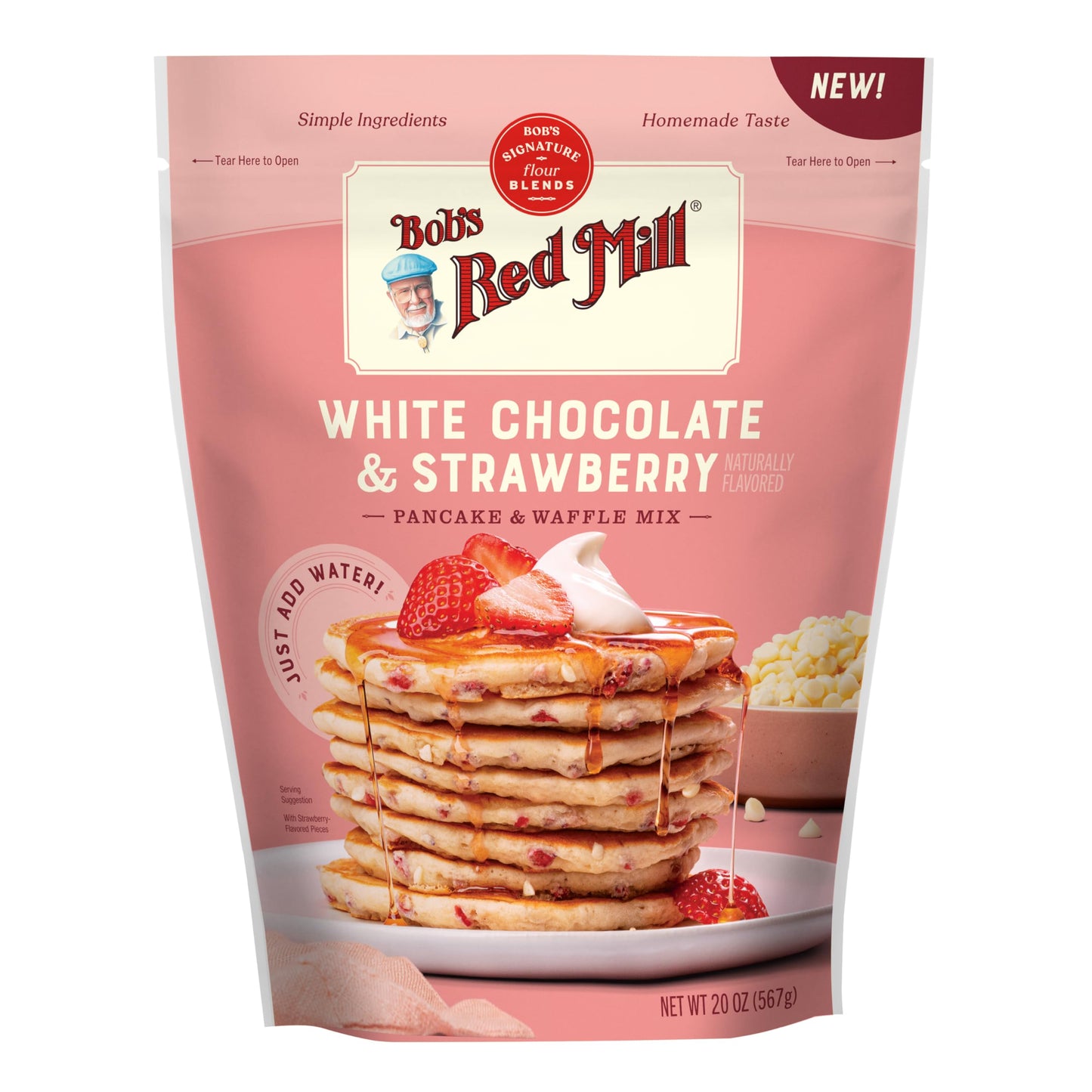 Bob’s Red Mill White Chocolate & Strawberry Pancake/Waffle Mix, 20 Ounce (Pack of 1) - Just Add Water, Makes 32-40 Pancakes per Bag