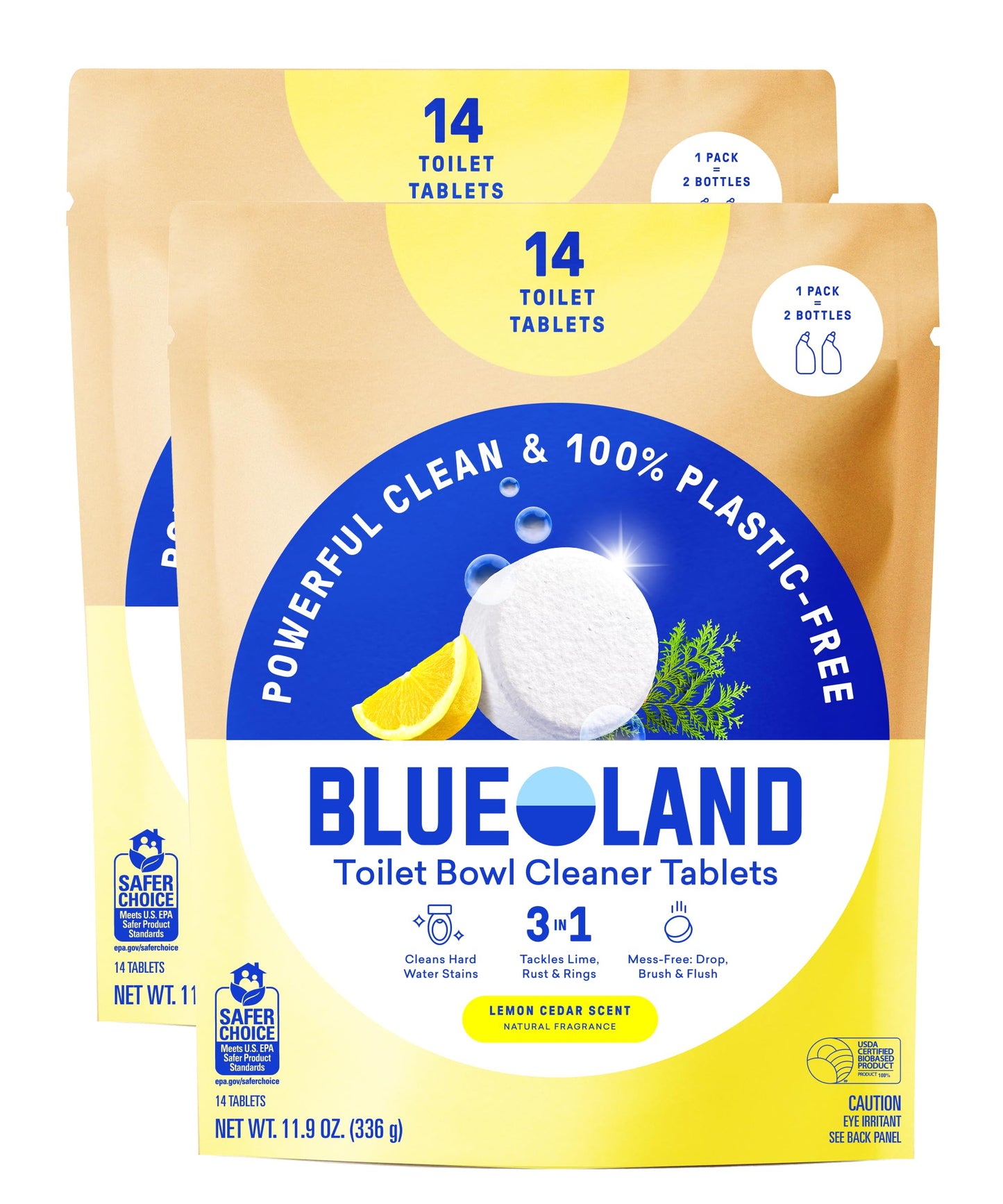 BLUELAND Toilet Bowl Cleaner Tablets, 2-Pack, 28 Count, Lemon Cedar, Plastic-Free, No Harsh Chemicals, Plant-Based