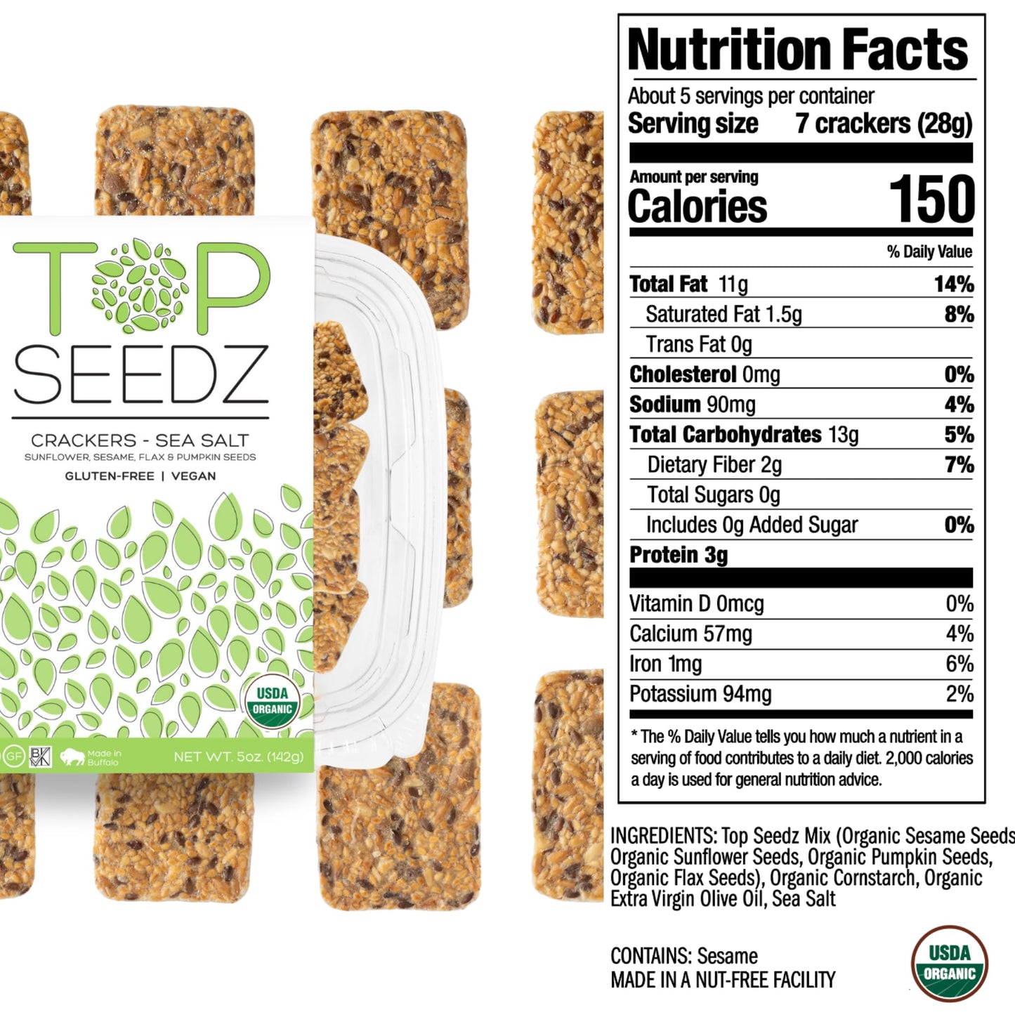 Top Seedz Deluxe Organic Gluten Free Vegan Crackers and Roasted Seeds Bundle | 1 Pouch of Maple Magic Roasted Seeds | 3 Packs of Sea Salt Crackers | 2