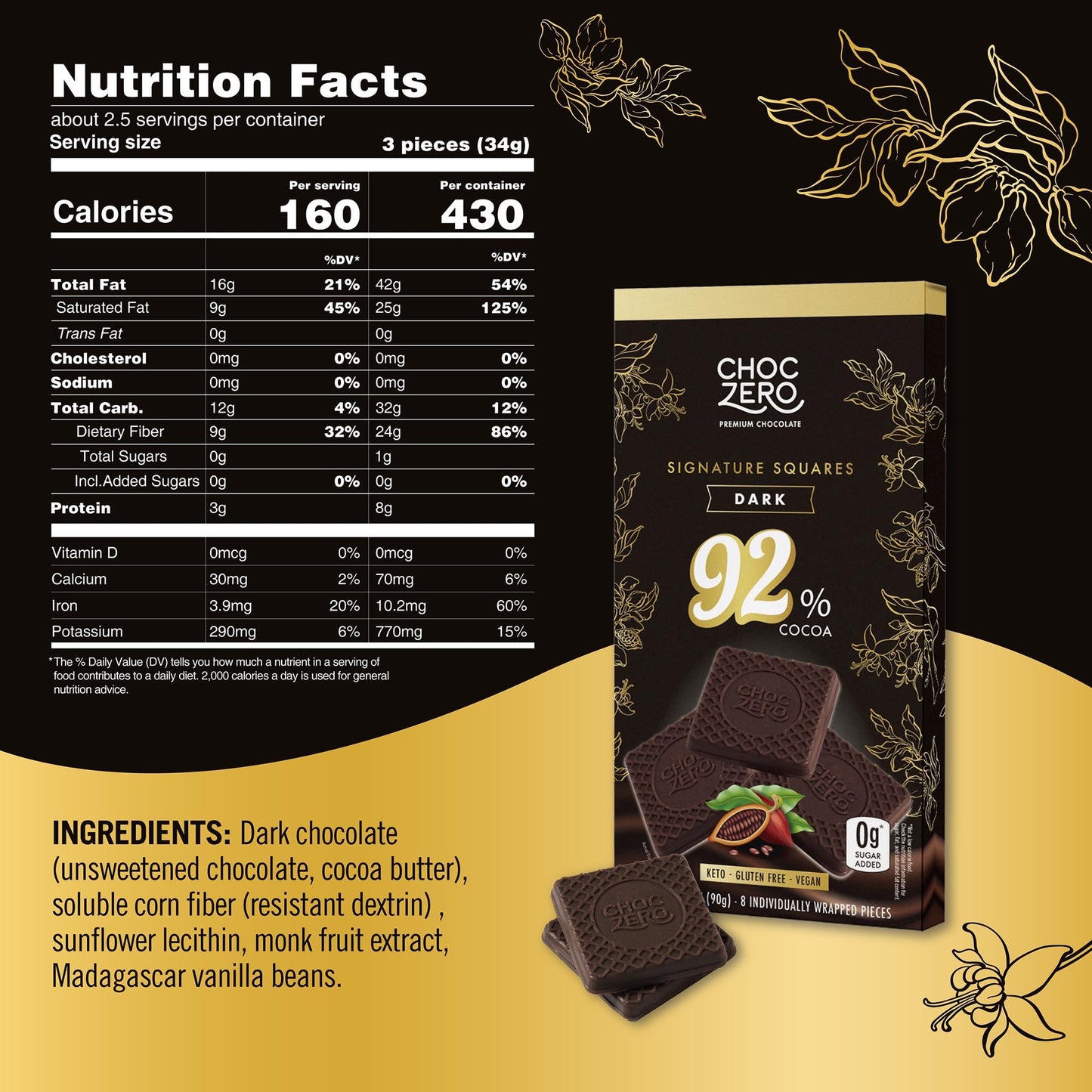 ChocZero 92% Cocoa Ultimate Dark Chocolate Squares - Sugar Free, Vegan, Keto Friendly & High Fiber, No Sugar Alcohols - 4 Count (3.2 oz Boxes)