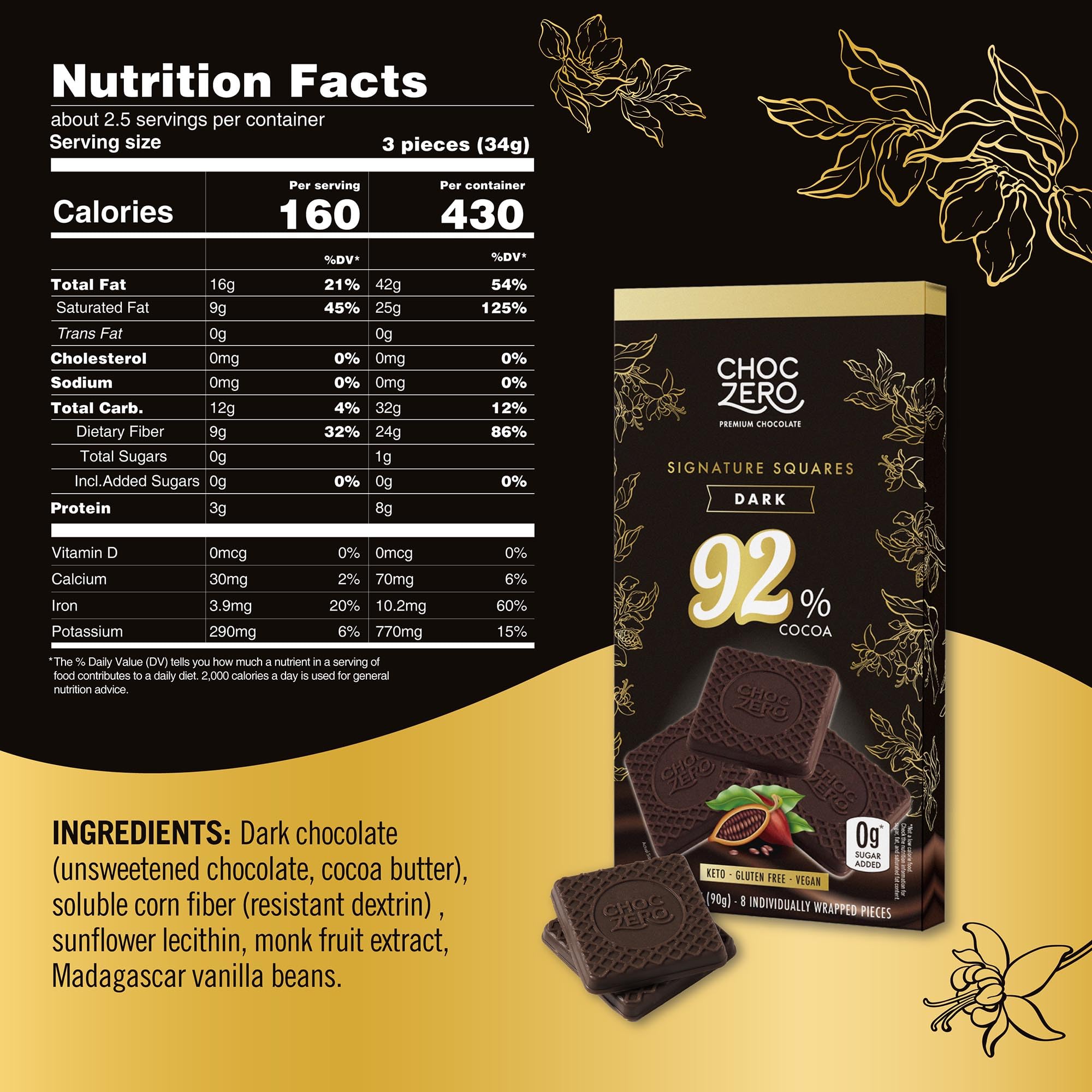 ChocZero 92% Cocoa Ultimate Dark Chocolate Squares - Sugar Free, Vegan, Keto Friendly & High Fiber, No Sugar Alcohols - 4 Count (3.2 oz Boxes)