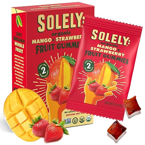 SOLELY - Organic Mango & Strawberry Whole Fruit Gummies (Pack of 1 Box, 5 Bags per Box) - Real Fresh Fruit - Healthy Snacks for Adults & Kids - Non