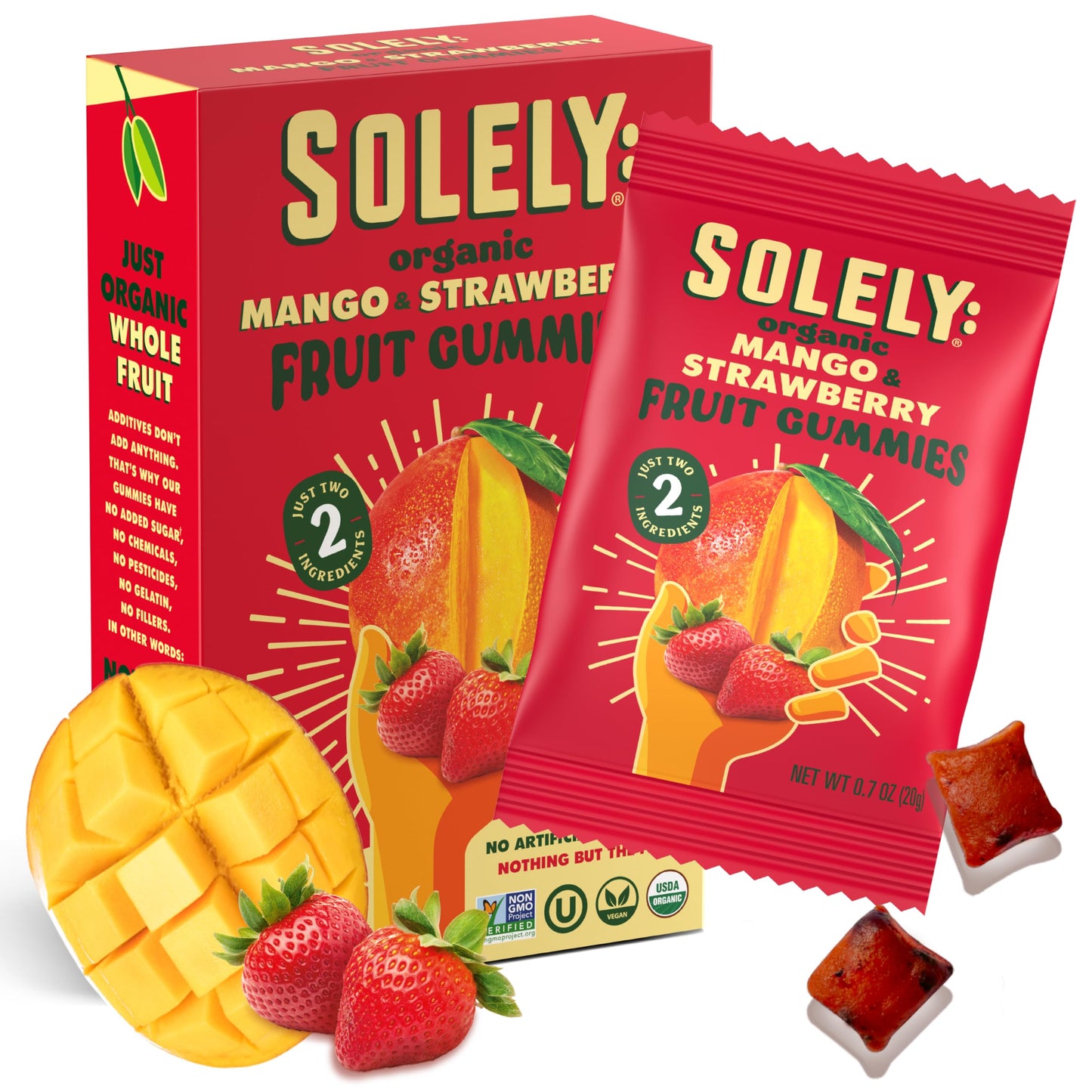 SOLELY - Organic Mango & Strawberry Whole Fruit Gummies (Pack of 1 Box, 5 Bags per Box) - Real Fresh Fruit - Healthy Snacks for Adults & Kids - Non