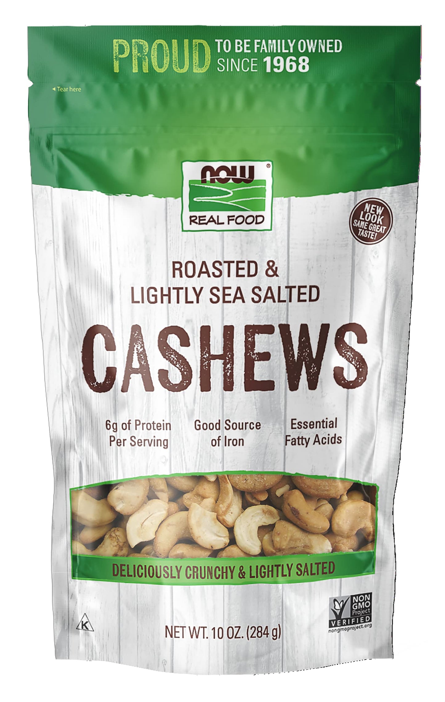 NOW Natural Foods, Cashews, Roasted and Salted, Rich Buttery Flavor, Source of Protein and Healthy Fatty Acids, Certified Non-GMO, 10-Ounce (Packaging