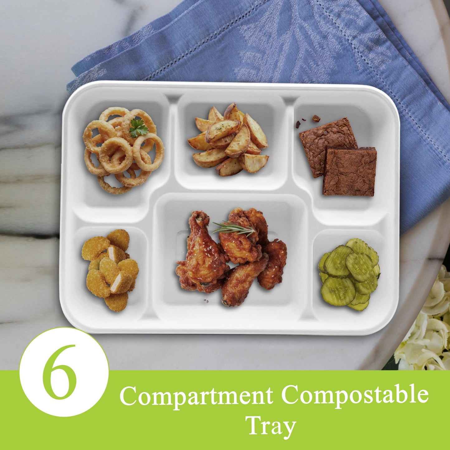 three leaf 6 Compartment Bagasse Tray 50 Ct. Heavy Duty, Super Strong,Eco Friendly Disposable Bagasse Plates,100% Biodegradable Plates, Microwave