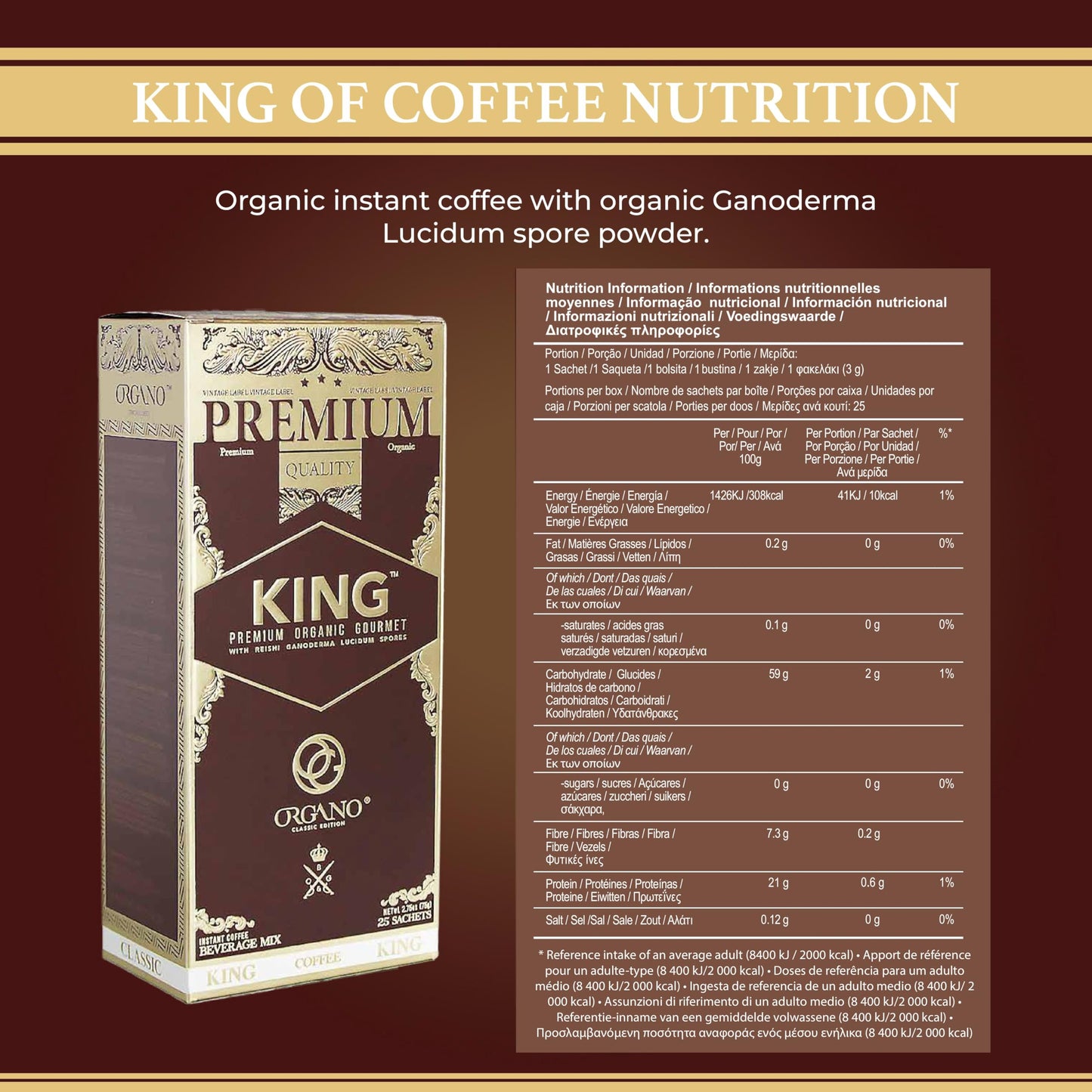 ORGANO King of Coffee, 100% Certified Ganoderma Lucidum (25 Sachets)
