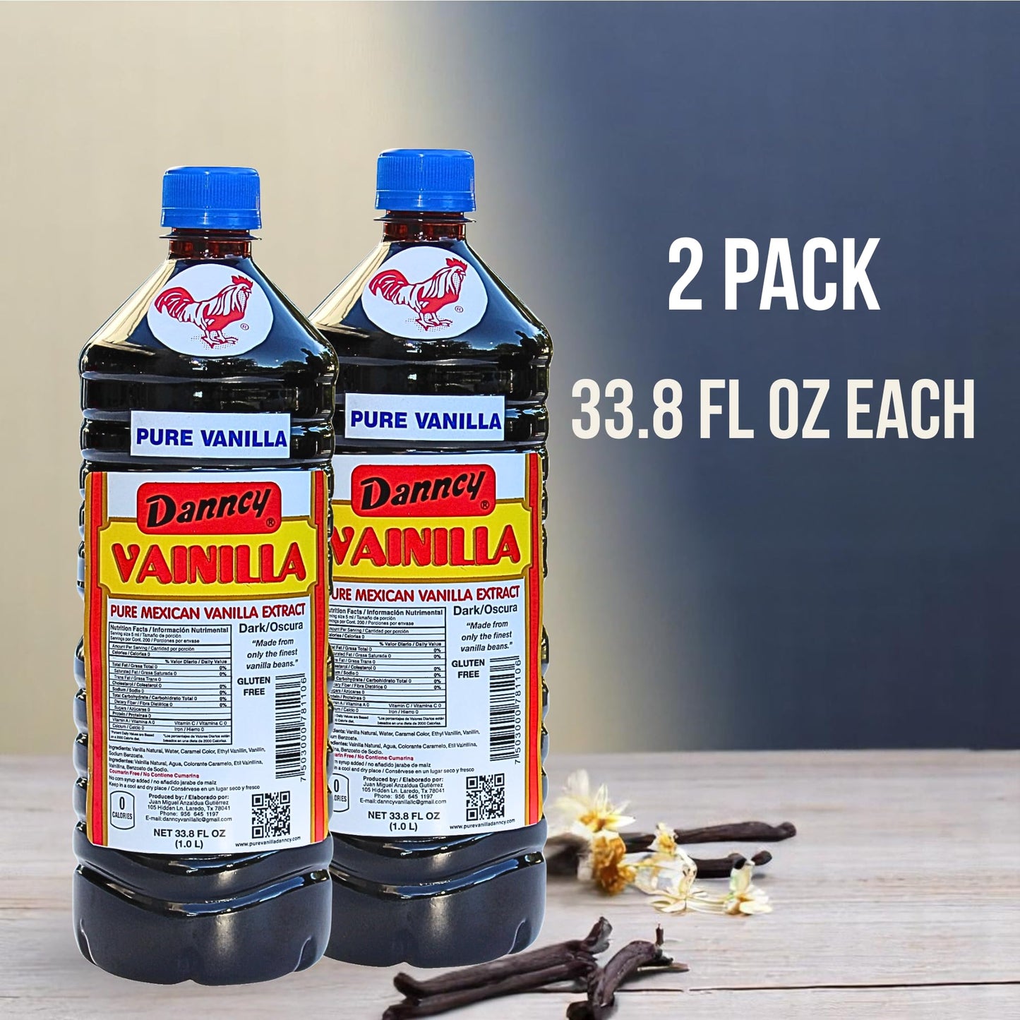 Danncy Vanilla Dark 33.8 fl oz (1L) 2 Pack Authentic Mexican Vanilla Extract