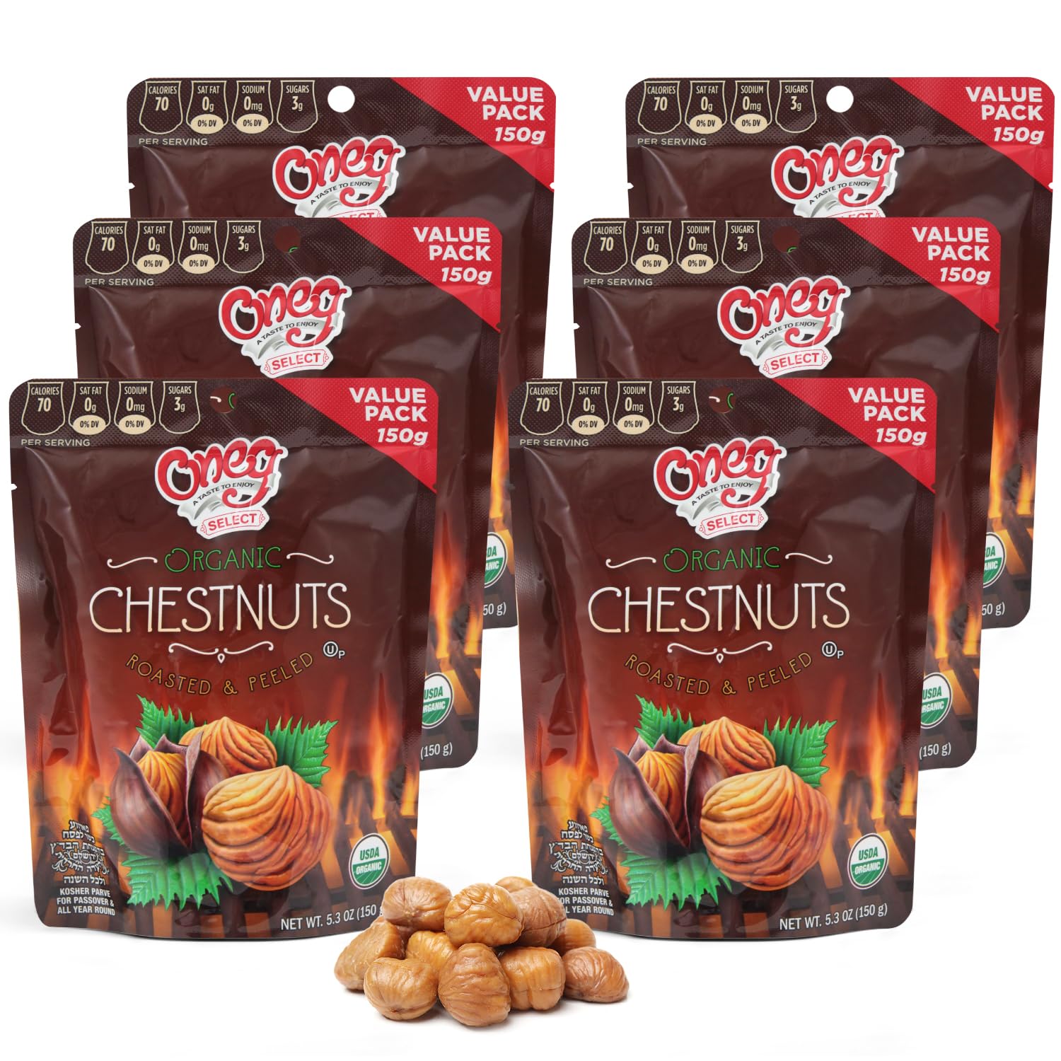 Oneg Roasted Chestnuts Peeled and Ready to Eat, 6 Pack of Organic Roasted Chestnuts 5.3oz Each, Vacuum Packed Perfect for Snacking or Holiday Treats