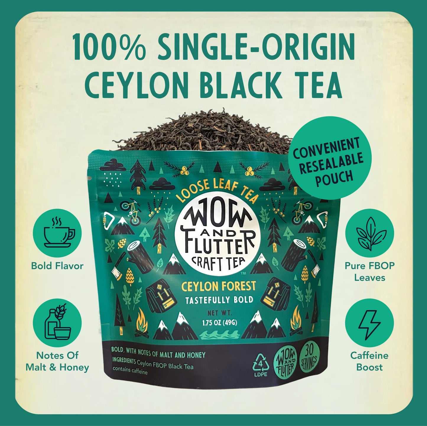 Wow and Flutter Ceylon Forest Loose Leaf Black Tea | Single-Origin Sri Lankan FBOP Leaves, Bold, Smooth & Naturally Sweet Malt + Honey Notes |