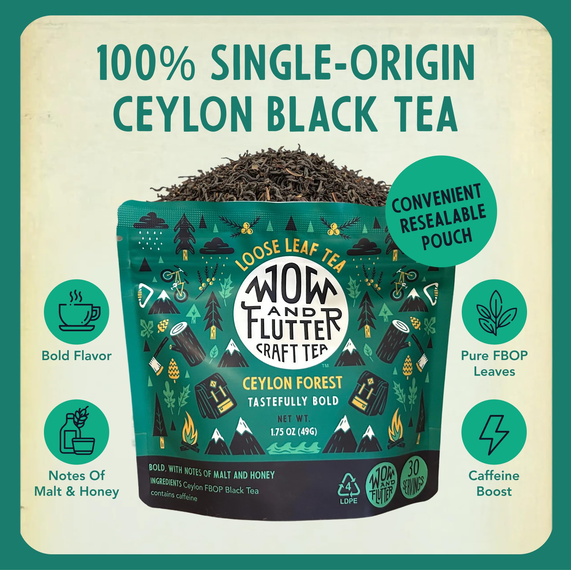 Wow and Flutter Ceylon Forest Loose Leaf Black Tea | Single-Origin Sri Lankan FBOP Leaves, Bold, Smooth & Naturally Sweet Malt + Honey Notes |
