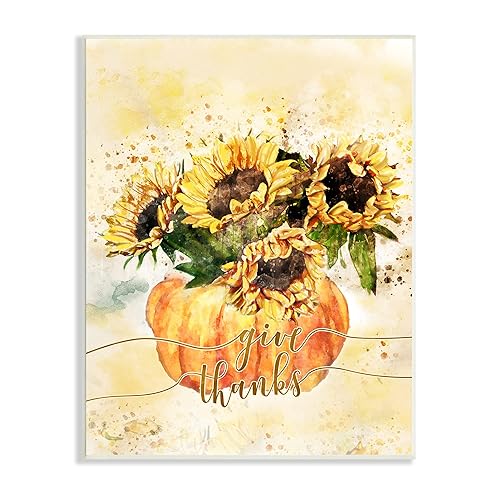 Stupell Industries Give Thanks Phrase Orange Pumpkin Sunflower Floral Burst, Design by Ziwei Li
