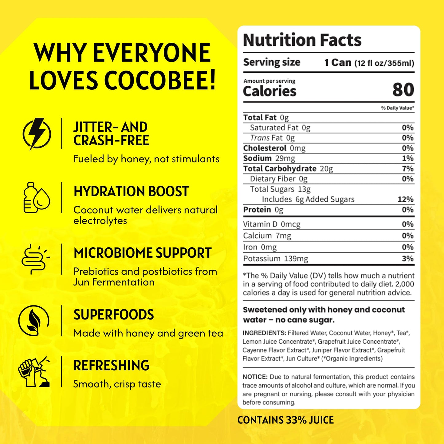CocoBee Coconut Hydration + Energy Drink from Wild Tonic, 12 oz Each, 4 Pack, Made with Coconut Water, Organic Honey & Green Tea, Microbiome Support