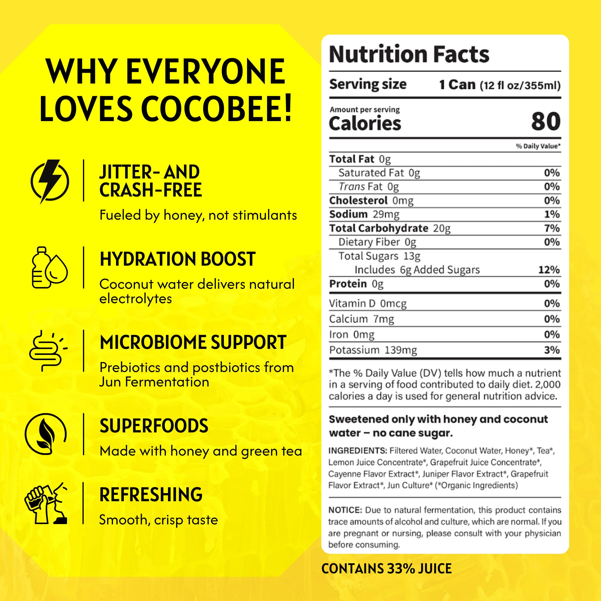CocoBee Coconut Hydration + Energy Drink from Wild Tonic, 12 oz Each, 4 Pack, Made with Coconut Water, Organic Honey & Green Tea, Microbiome Support