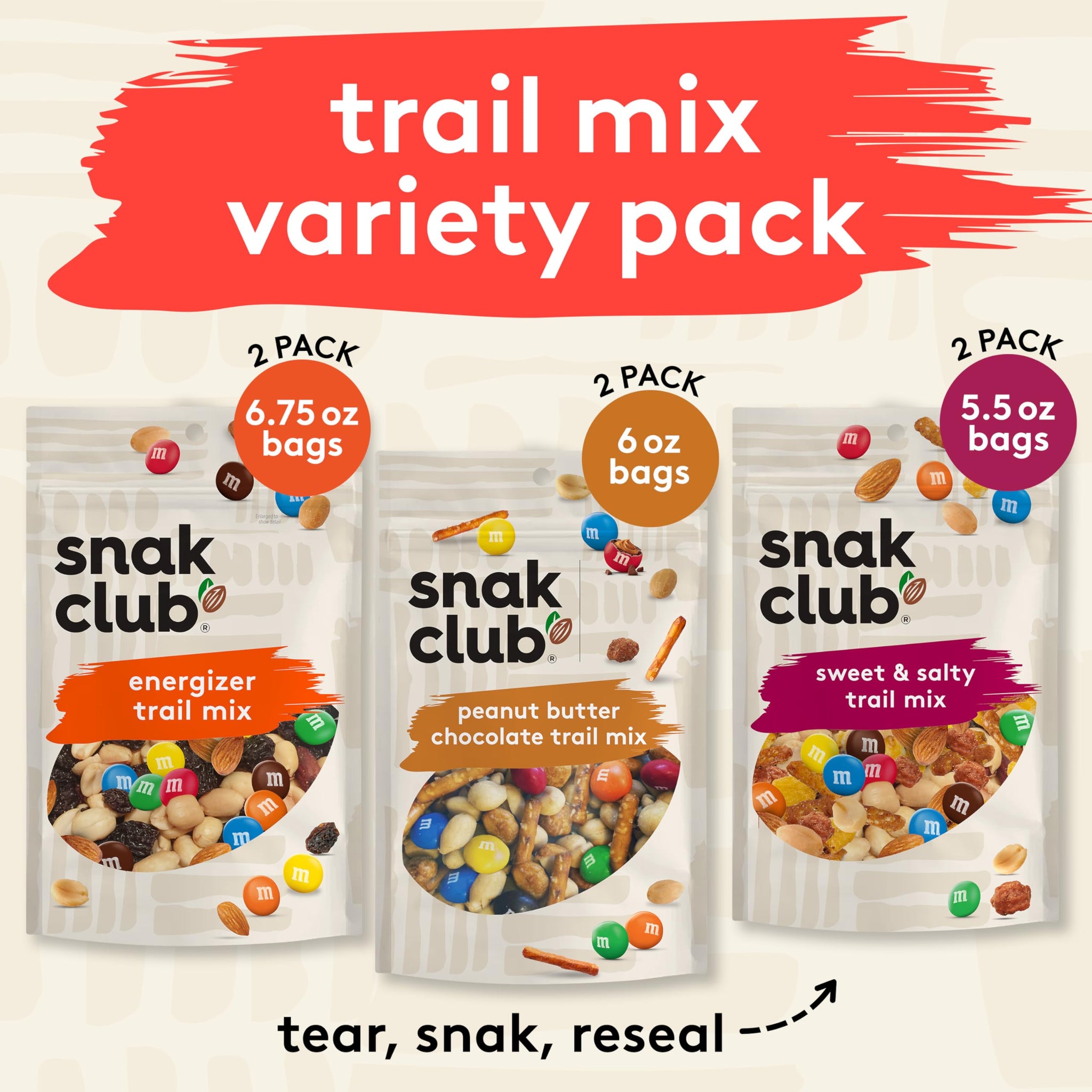 Snak Club Trail Mix Variety Pack, Protein Snacks, Includes Energizer Trail Mix, Sweet and Salty, and Peanut Butter Chocolate, 6 Pack
