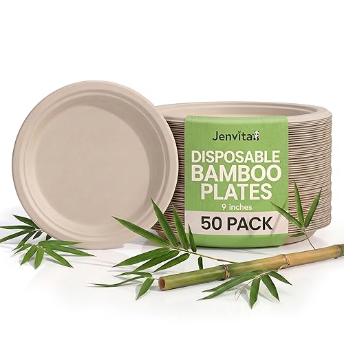 Jenvita Paper Bamboo Plates Disposable (50-Pack, 9-inch) | Sturdy & Microwave Safe | Compostable Paper Plates Disposable Heavy Duty | PFAS Free