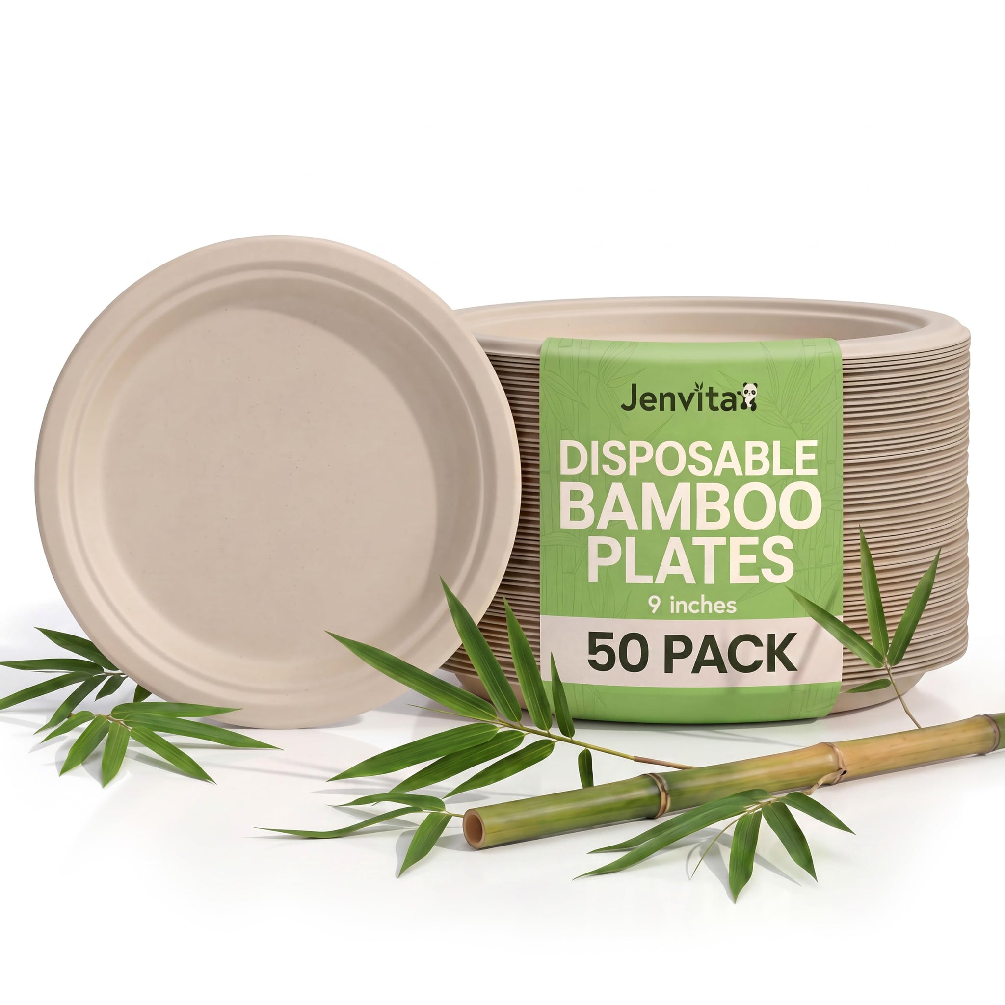 Jenvita Paper Bamboo Plates Disposable (50-Pack, 9-inch) | Sturdy & Microwave Safe | Compostable Paper Plates Disposable Heavy Duty | PFAS Free