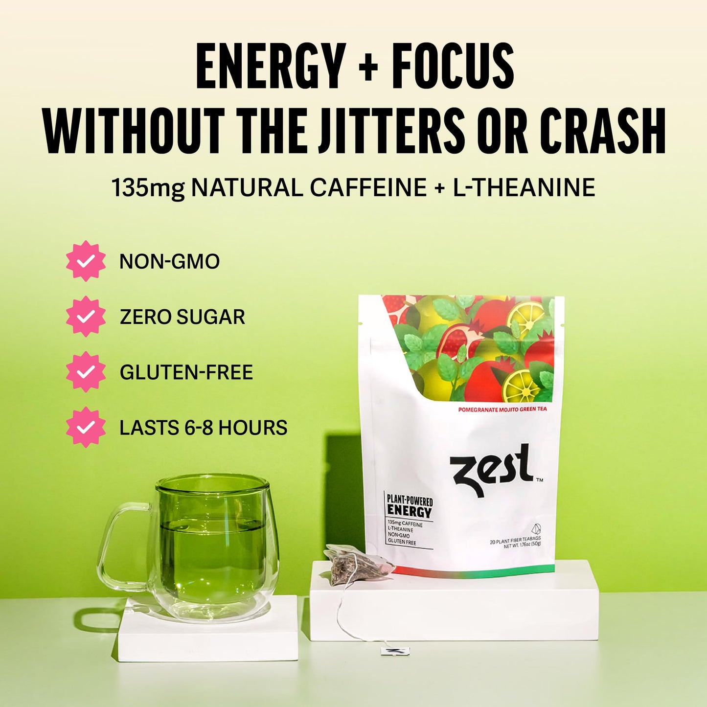 Zest Energy Green Tea - Pomegranate Mojito High Caffeine Tea Bags for Focus & Morning Energy - Natural Caffeinated Tea with 135mg Caffeine - Coffee