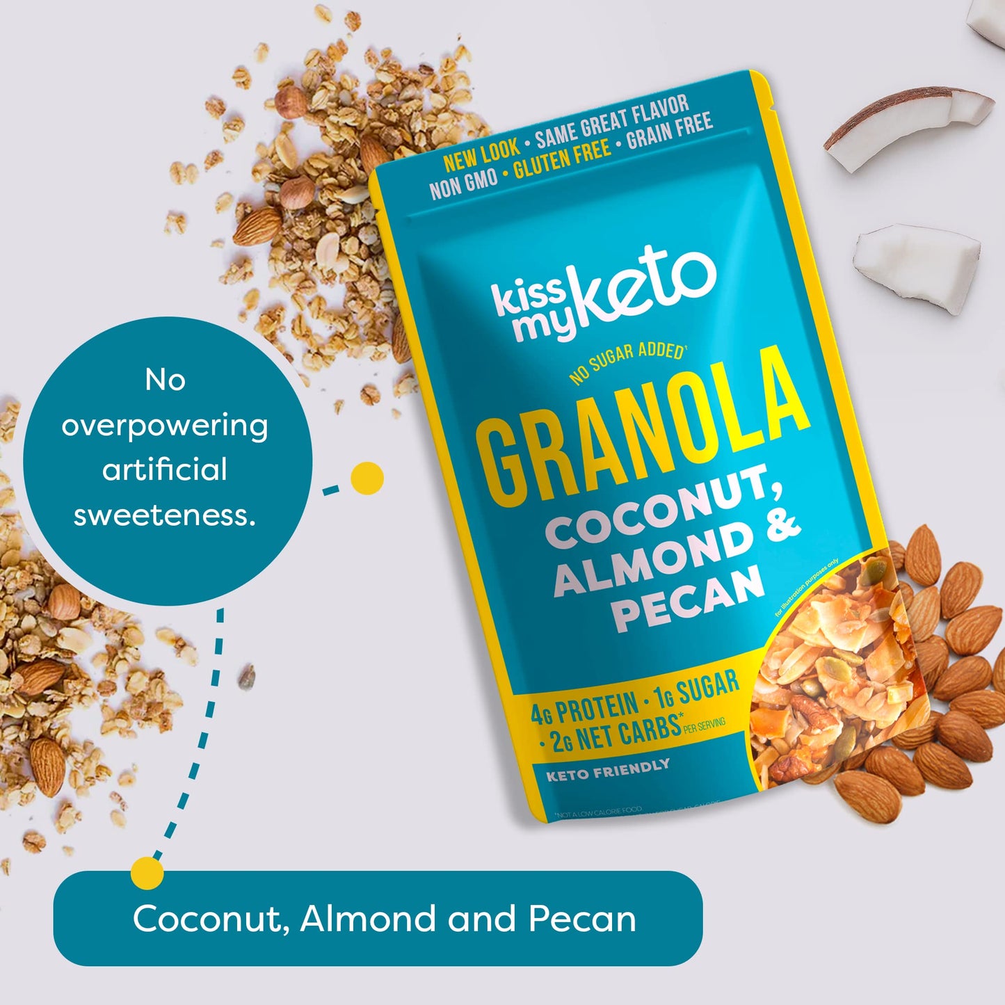 Kiss My Keto Granola Cereal - Grain Free Keto Cereal, Gluten Free Protein, Keto Nut for Yogurt (Coconut, Almond & Pecan, Pack of 1)