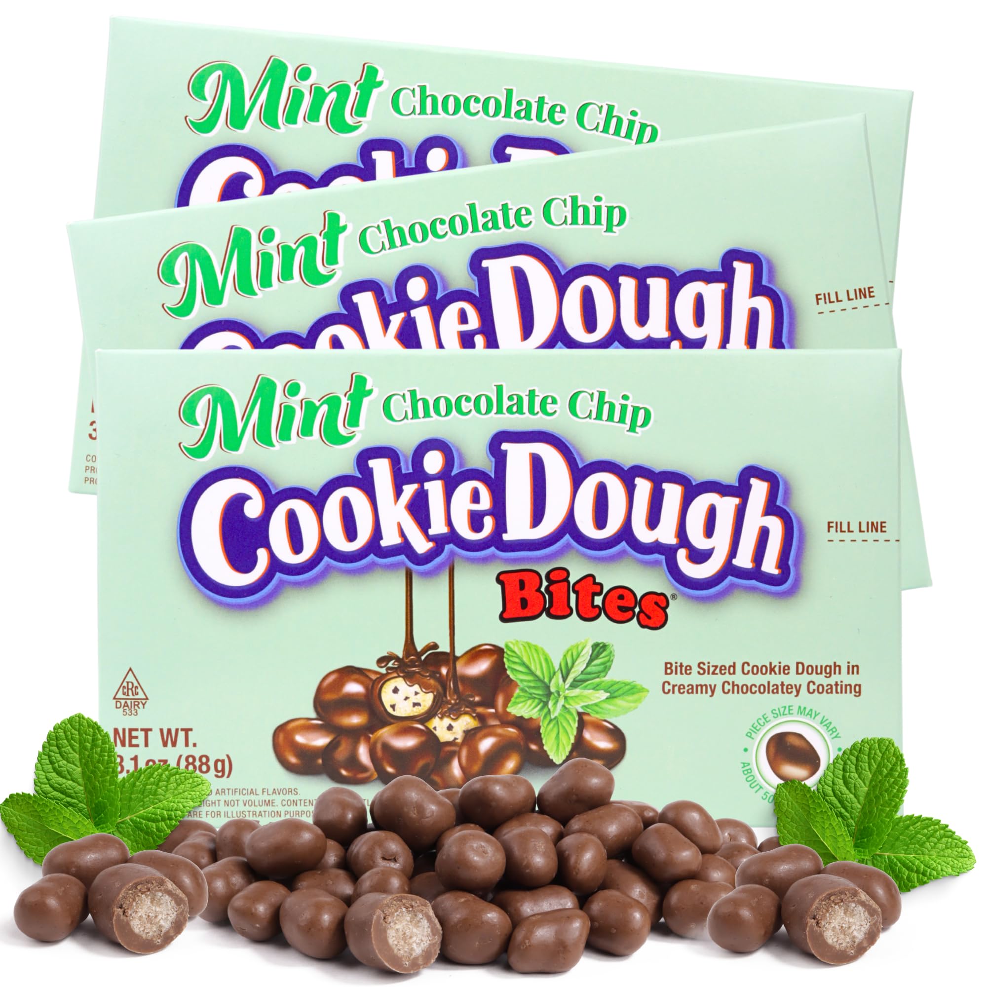 Mint Chocolate Chip Bite Sized Edible Cookie Dough, Creamy Coating, Dessert and Ice Cream Toppers, 3.1 Ounces (Pack of 3)