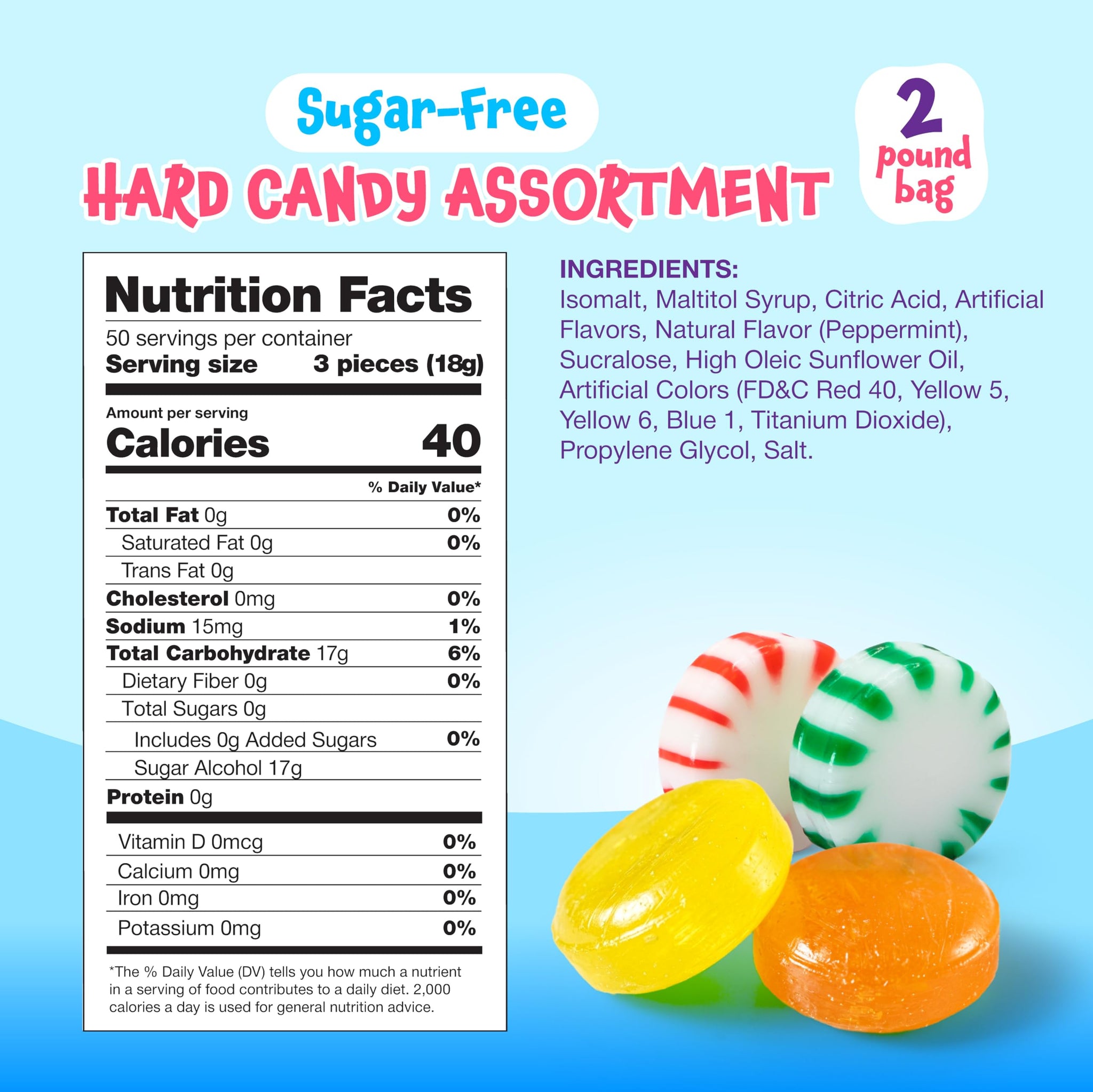 Sugar Free Candy - 2 Pound Pack - Hard Candy Individually Wrapped - Mint, Cinnamon, Butterscotch, and Fruit Flavors - Office Bowl Mix - Sugarless