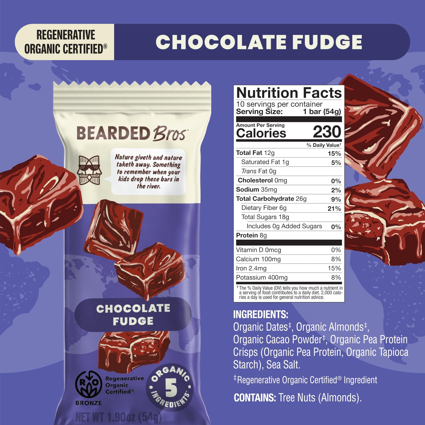 Bearded Brothers Organic Vegan Energy Bars - Gluten & Soy Free, Paleo, Whole 30 | Non GMO, Low Glycemic, High Protein, Fiber (10 Pack, Chocolate
