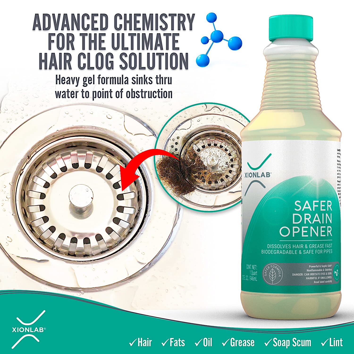 XionLab Safer, Greener Drain Clog Remover - Industrial-Strength Liquid Drain Cleaner for Hair & Grease - Septic Safe, Odorless, Biodegradable