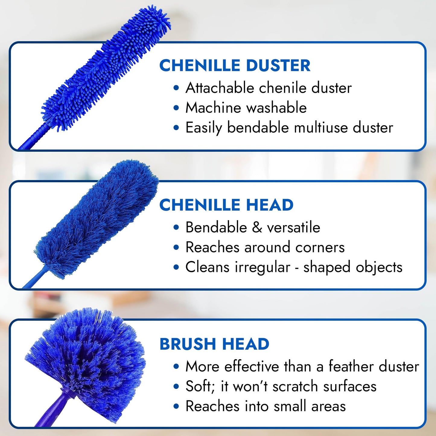 Webster Cobweb Duster and Spider Web Kit, Reach High Ceilings 18 To 20 Foot With Extension Pole and 3 Multi Use Heads