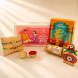 LOVENSPIRE Religious Om Rakhi Hamper for Brother - Includes 2 Colorful Adjustable Bracelet Threads, Chocolate, Haldi Kumkum Holder, Thandai, Roli