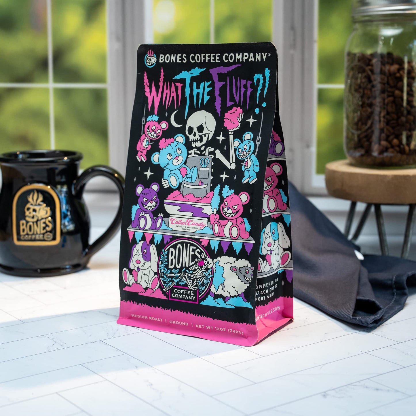 Bones Coffee Company What the Fluff?! Berry Cotton Candy Flavored Coffee, Medium Roast Low Acid Arabica Beans Compatible with Auto drip and French