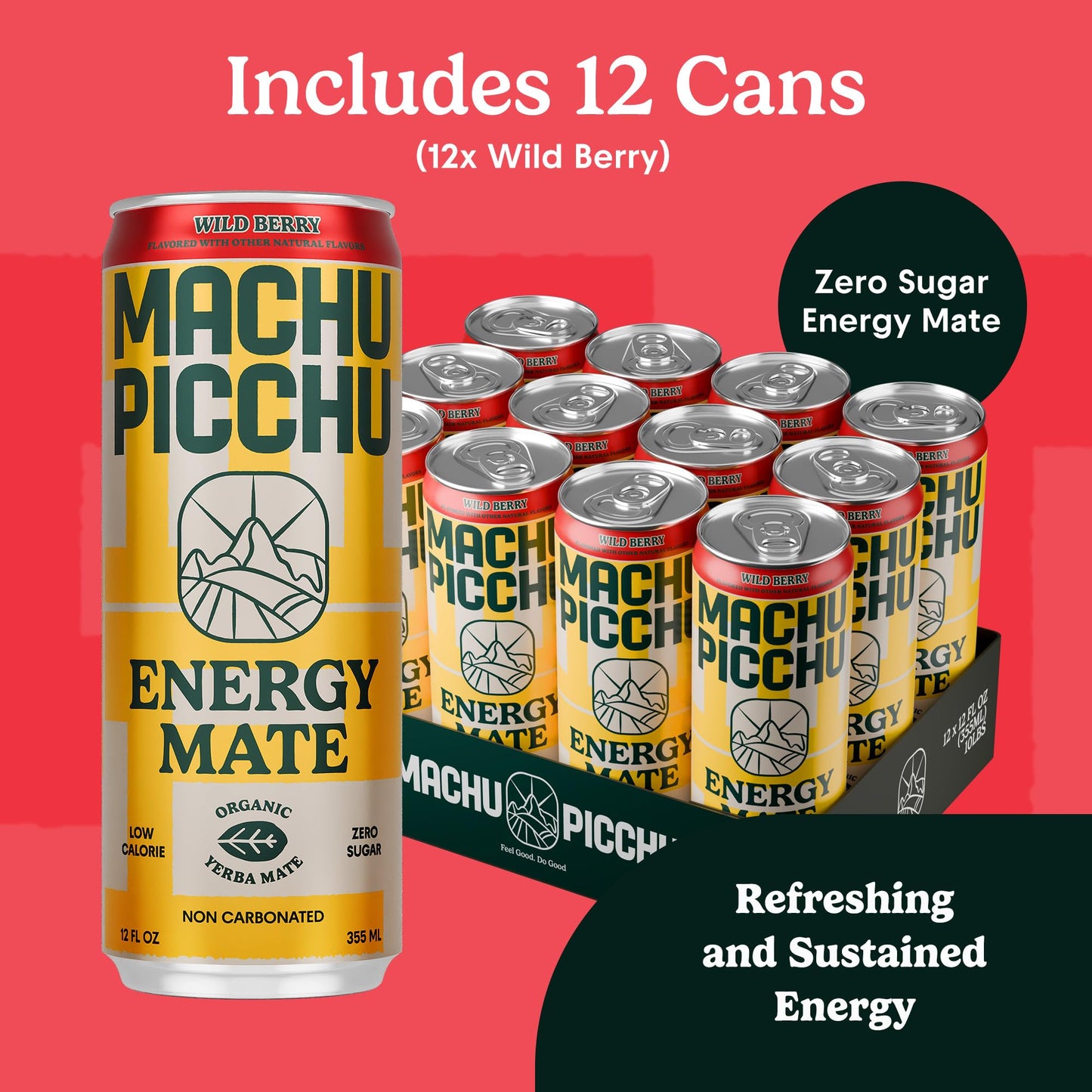 MACHU PICCHU 12-Pack-Wild Berry Zero Sugar Energy Mate Drink - Non-Carbonated Yerba Mate, 120mg Organic Caffeine, Smooth Focus Without Jitters or