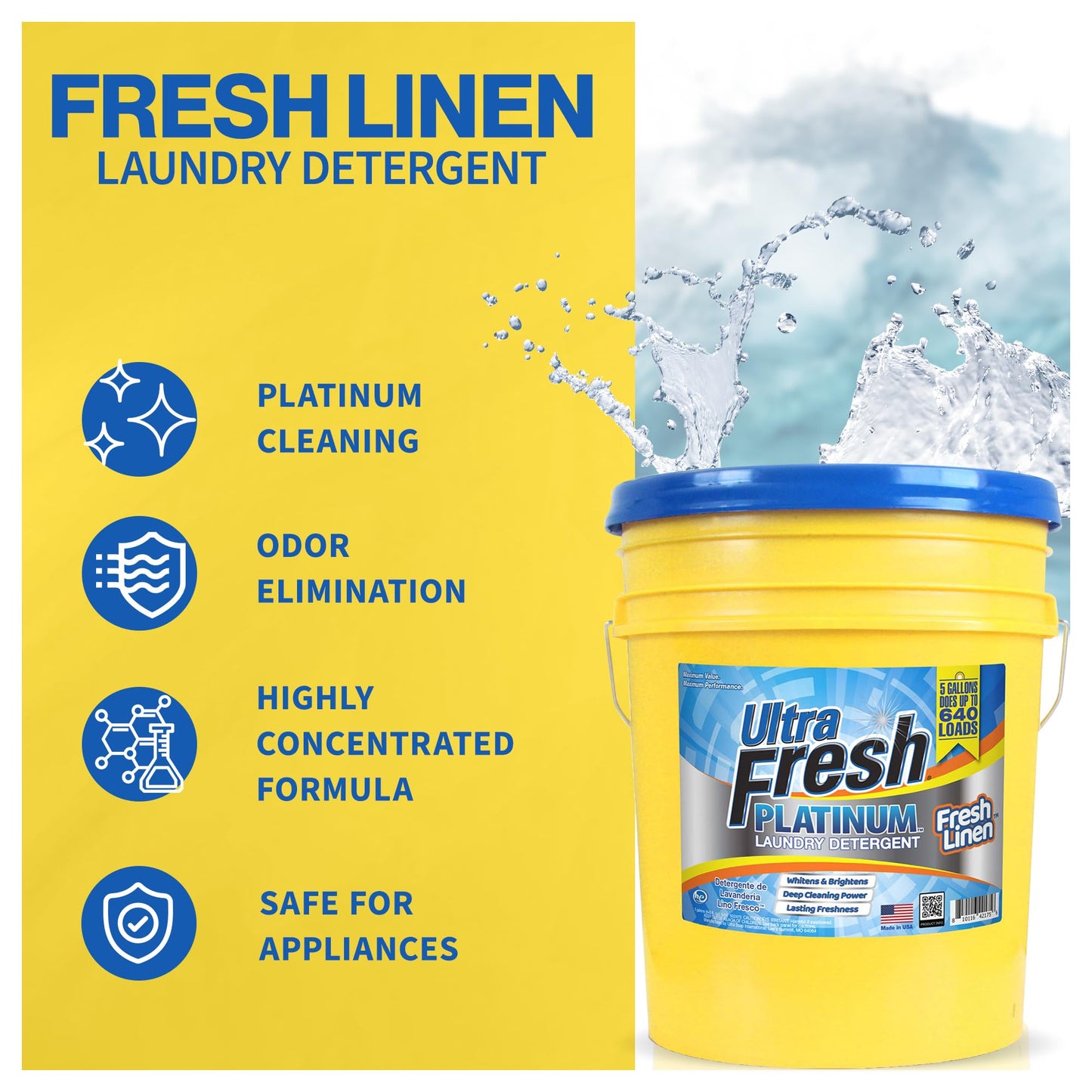 Ultra Fresh Platinum Liquid Laundry Detergent Washing Soap for All Machine Types, Up to 640 Loads, 5 Gal, Fresh Linen - Household Cleaning Supplies