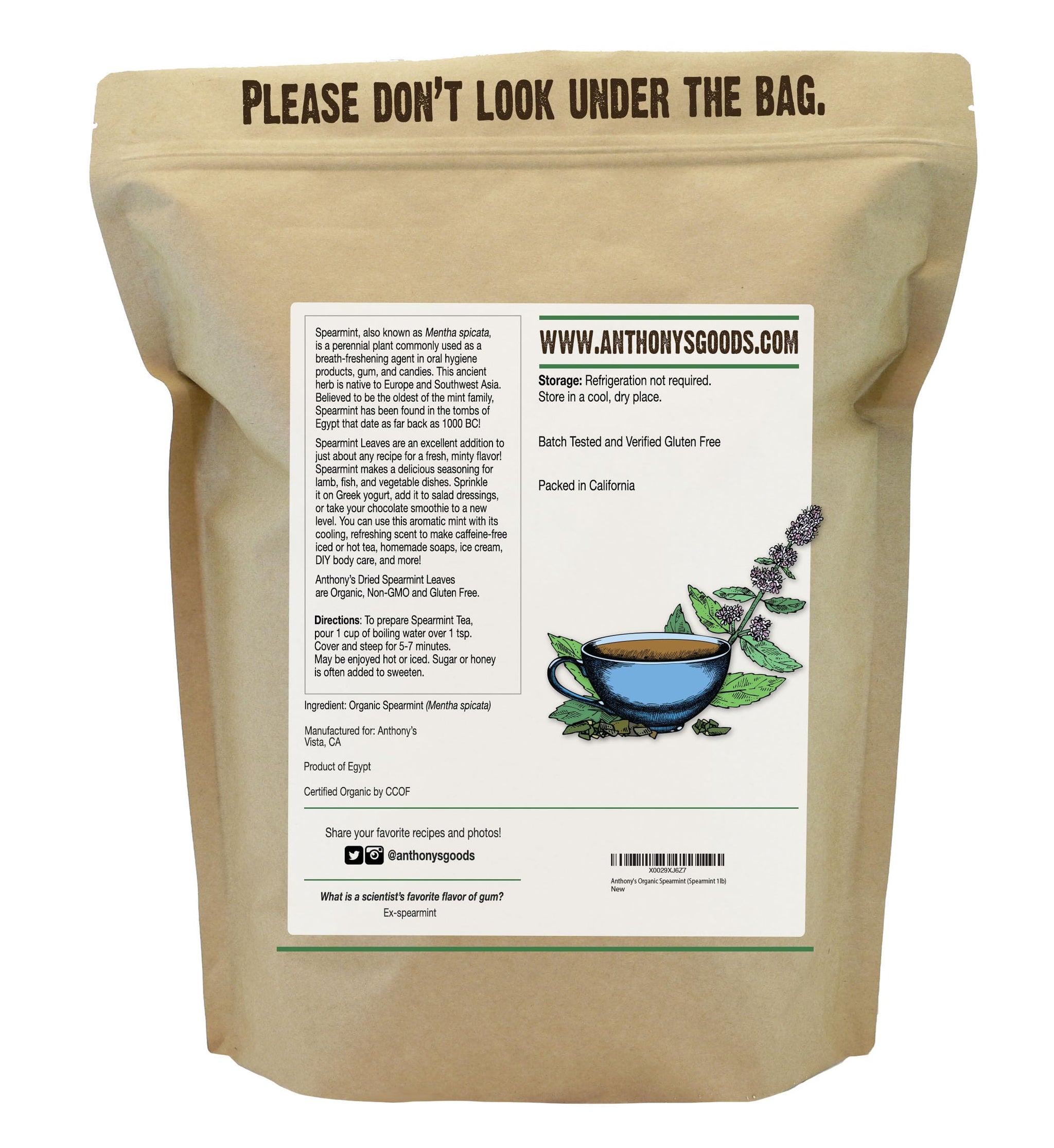 Anthony's Organic Dried Spearmint Leaves, 1 lb, Gluten Free, Non GMO, Cut and Sifted