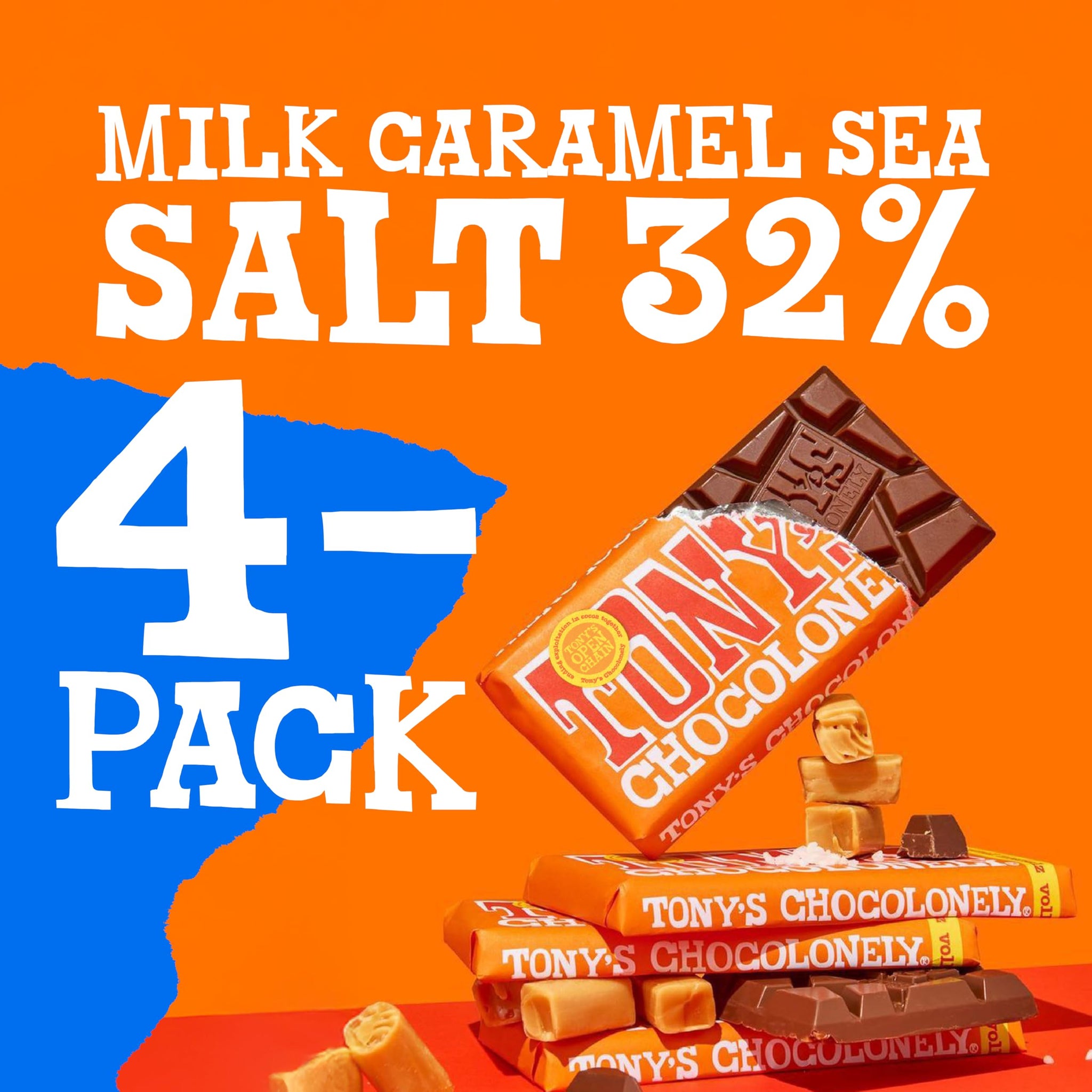 Tony’s Chocolonely Belgian Milk Chocolate Candy Bar With Caramel & Sea Salt, Chocolate Bars for Snacks, Party Favors, or Gifts, 32% Cacao, Made From