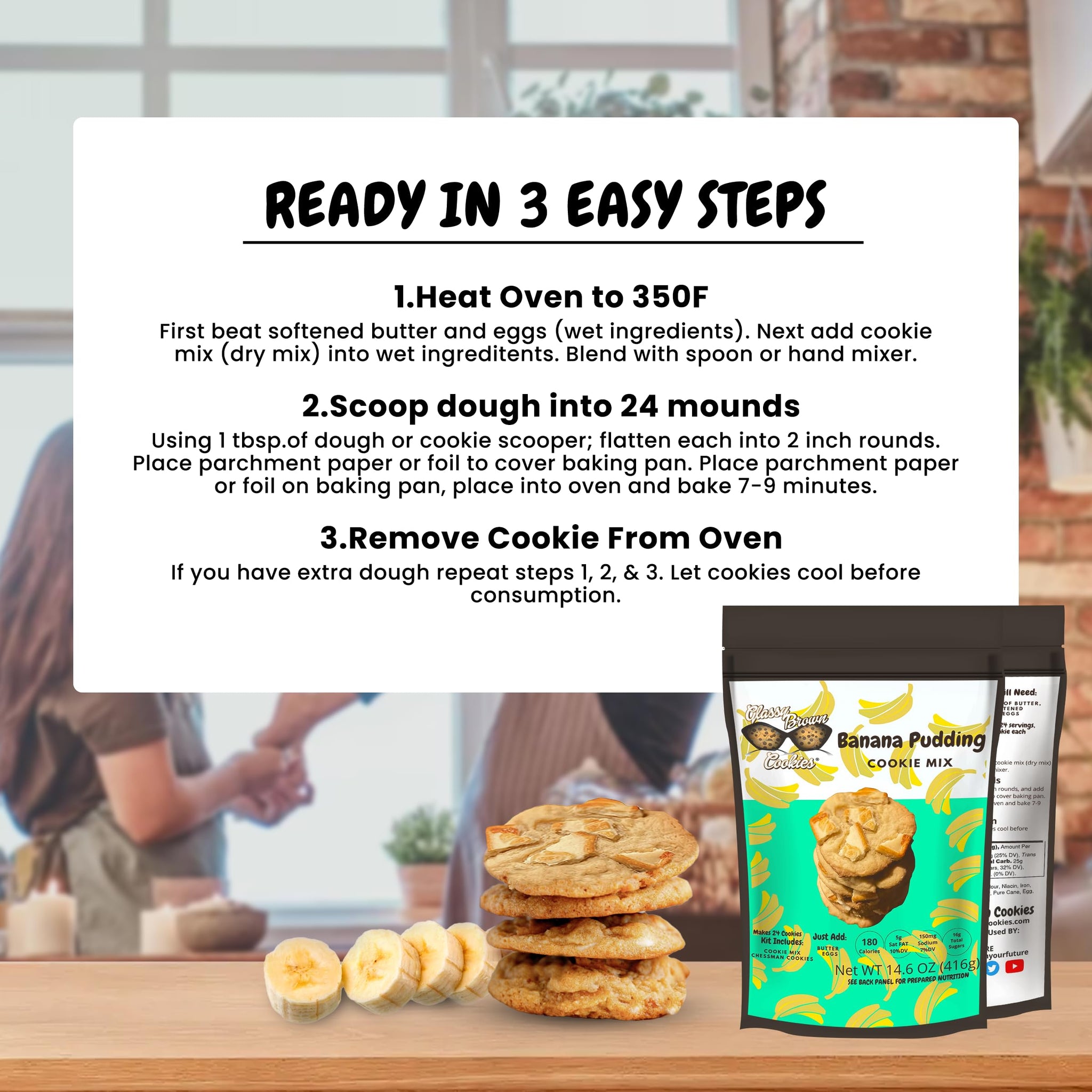 Glassy Brown Cookies - Banana Pudding Cookie Mix | Soft Cookies Variety Pack | Banana Flavor Edible Cookie Dough Bites | Butter Cookies With No Preservatives | Banana Baking Mix Pack - 14.6 OZ (416g)