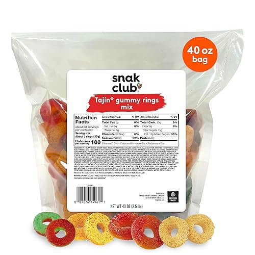 Snak Club Tajin Gummy Candy Fruit Rings, Gummies with Chili and Lime Seasoning, Mild Spice, Gluten-Free and Vegan Snacks, Assorted Bulk Candy Variety