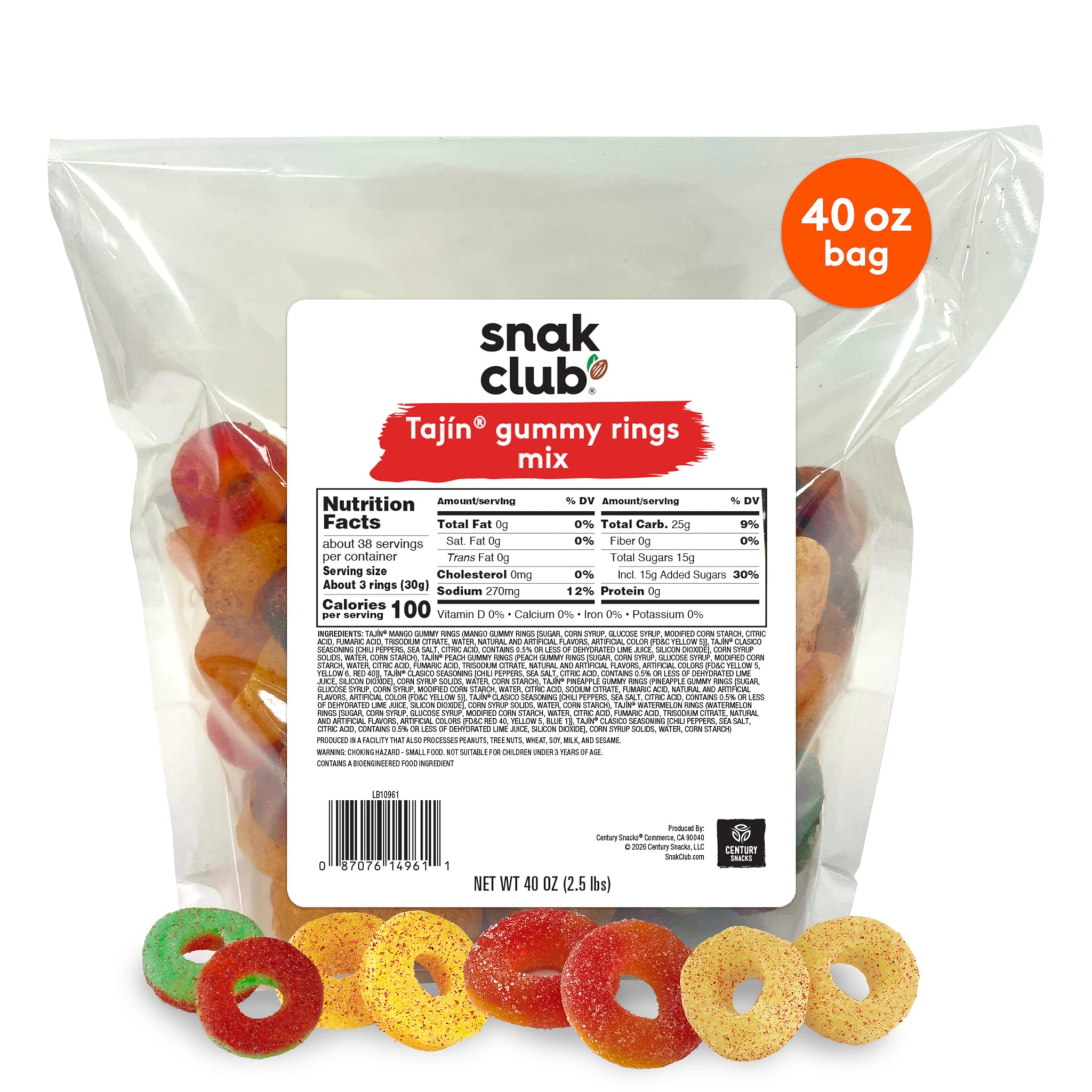 Snak Club Tajin Gummy Candy Fruit Rings, Gummies with Chili and Lime Seasoning, Mild Spice, Gluten-Free and Vegan Snacks, Assorted Bulk Candy Variety