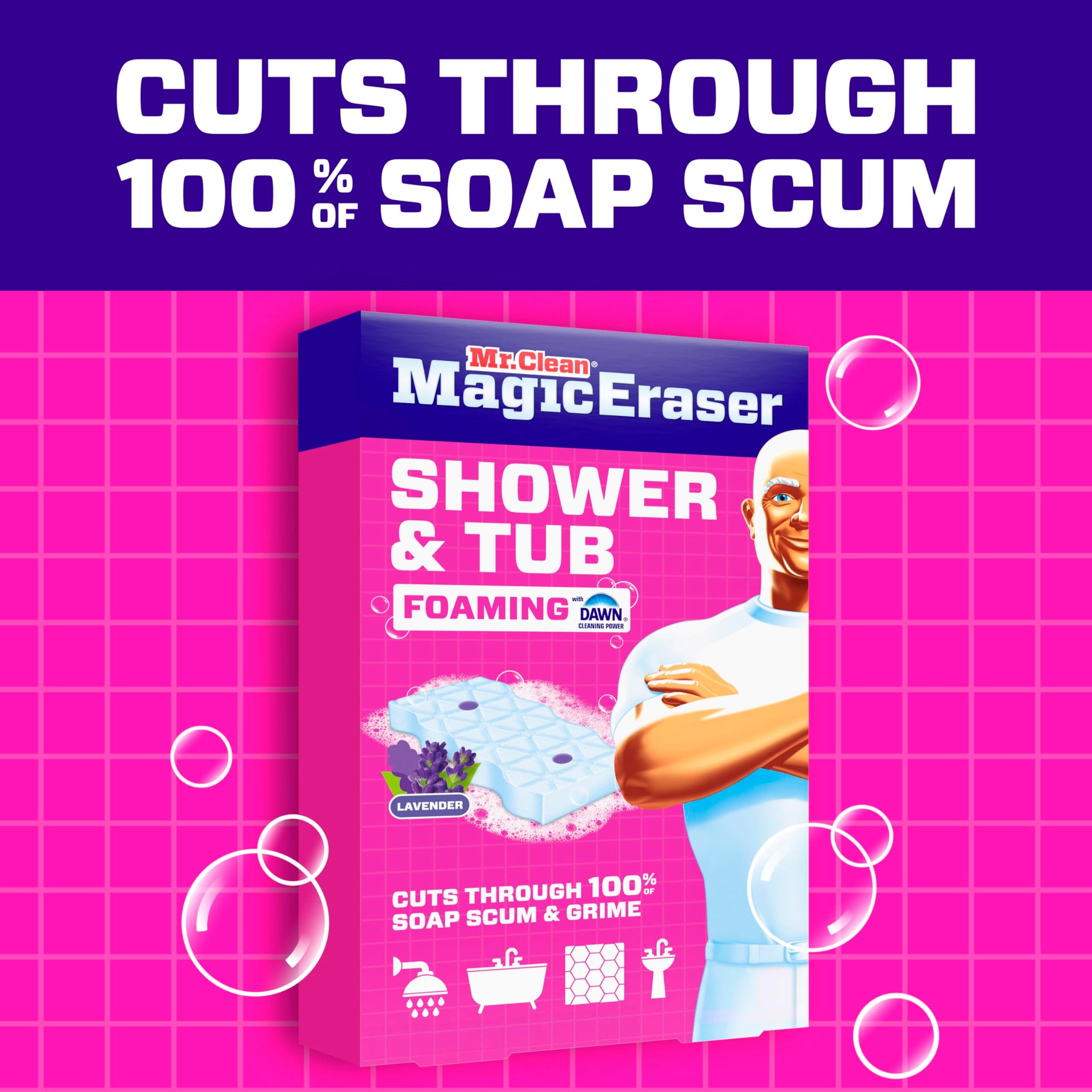 Mr. Clean Magic Eraser Sponge, Bathroom, Shower, Tub Cleaner, Soap Scum Remover, Bathroom Cleaning Supplies, Dawn Cleaning Power with Lavender Scent