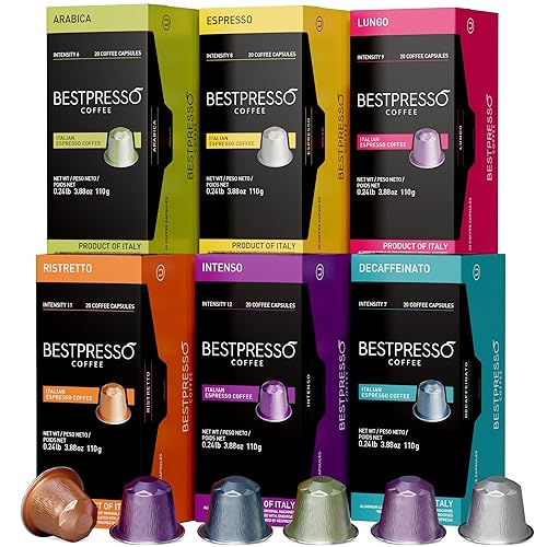 Bestpresso Coffee for Nespresso Original Machine 120 pods Certified Genuine Espresso Variety Pack includes one pack of decaf coffee, Pods Compatible