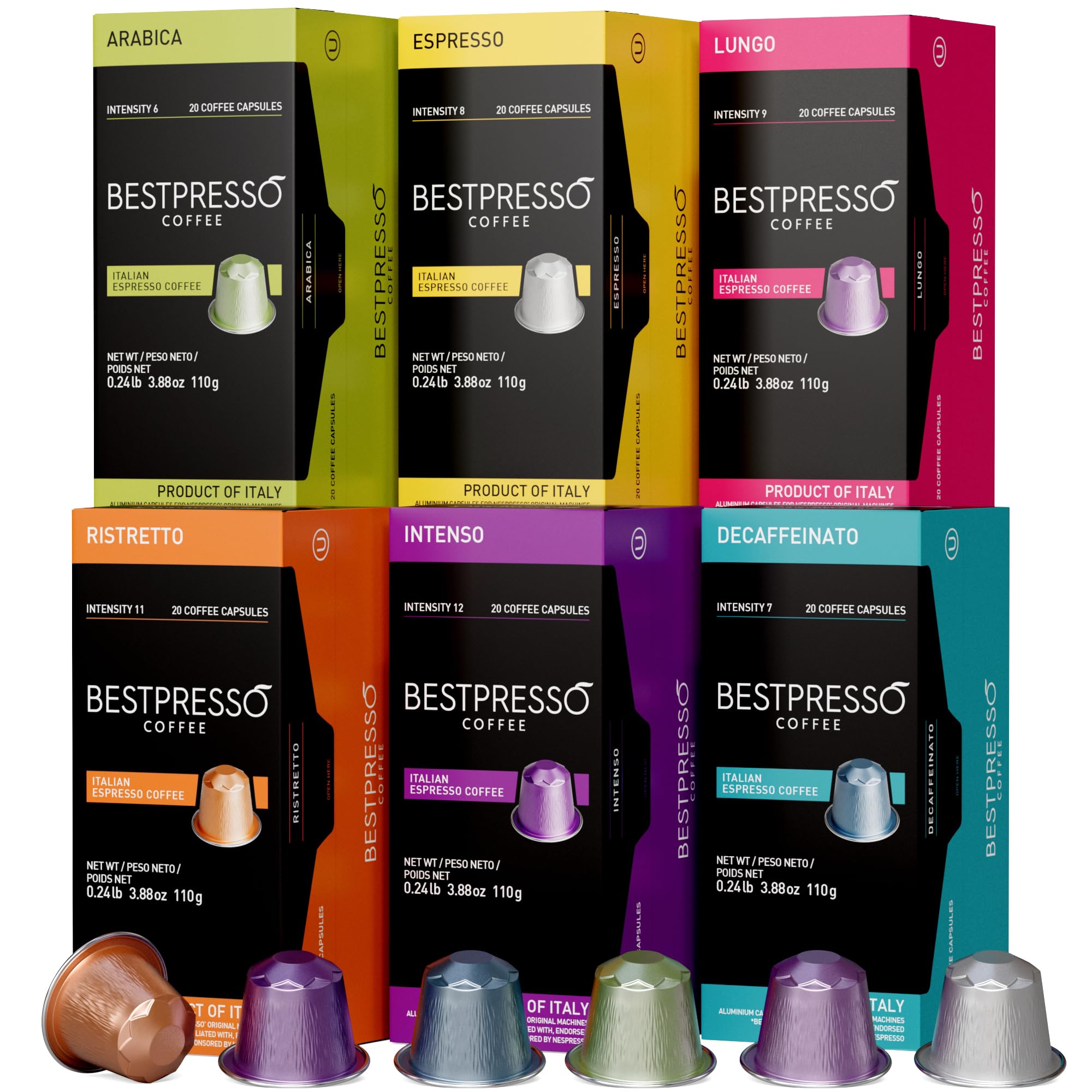 Bestpresso Coffee for Nespresso Original Machine 120 pods Certified Genuine Espresso Variety Pack includes one pack of decaf coffee, Pods Compatible